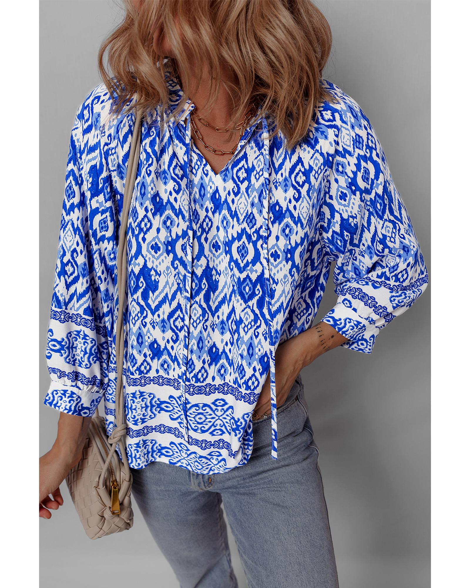V539-AZEXDC25129183-P520-L-202508271345-00 Blue Boho Printed 3/4 Sleeve Tied Neck Blouse - L - Image 1