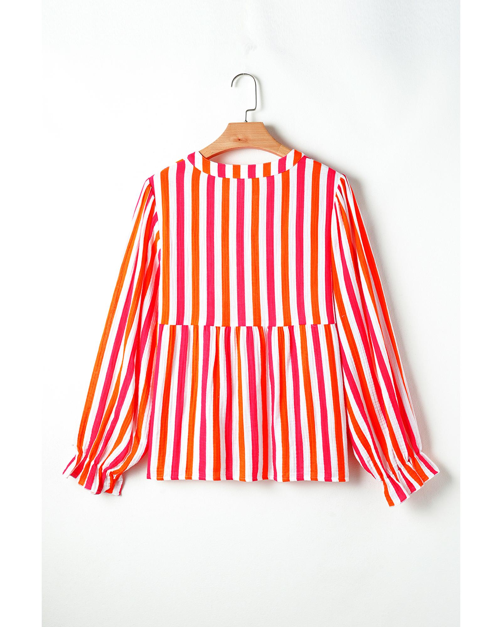 V539-AZEXDC25129203-P1419-M-202508270740-00 Orange Stripe Balloon Sleeve Notched V Neck Buttoned Front Blouse - M - Image 1