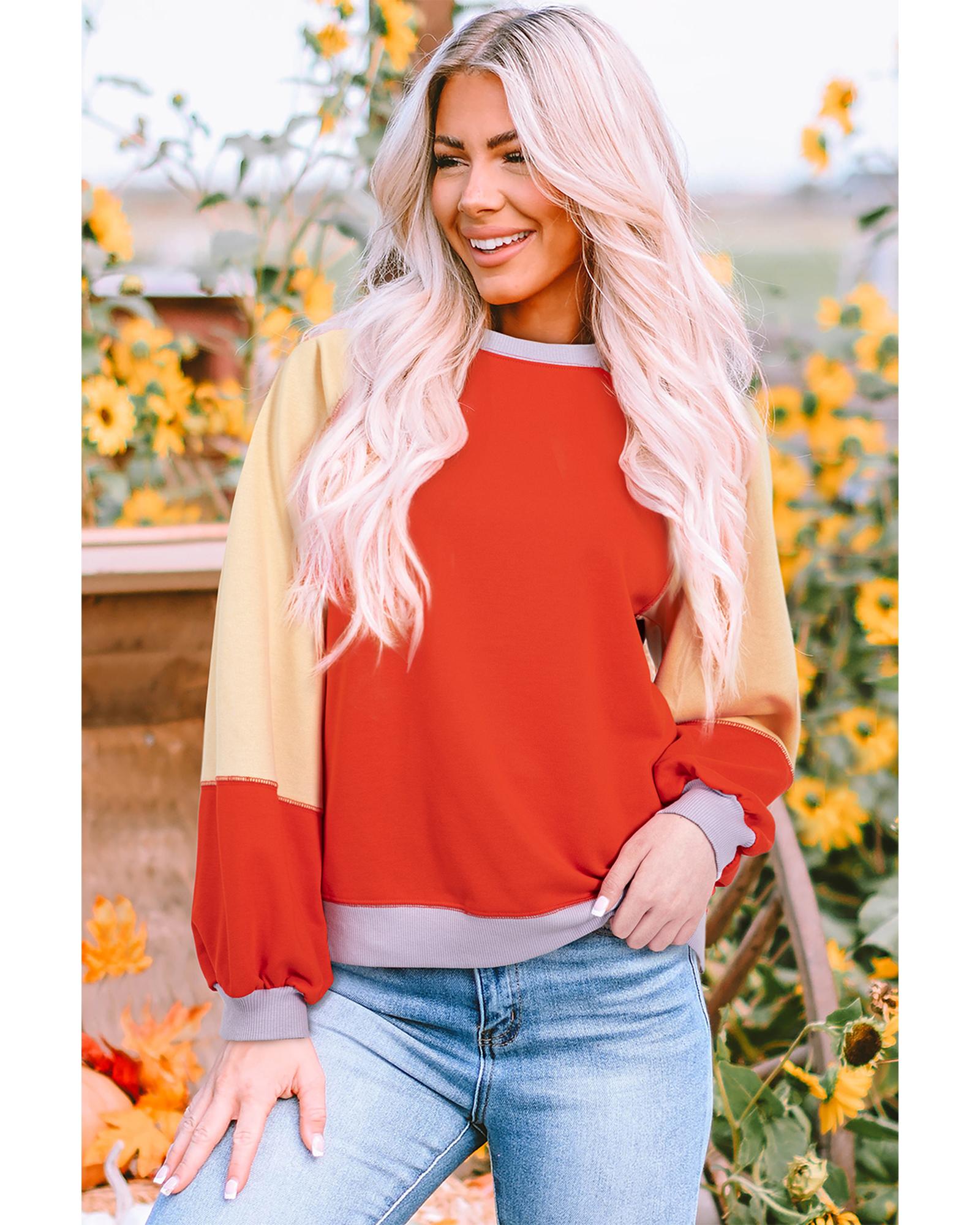 V539-AZEXDC25129215-P1422-2XL-202508272035-00 Orange Color Block Side Slits Raglan Sleeve Loose Fit Top - 2XL - Image 1