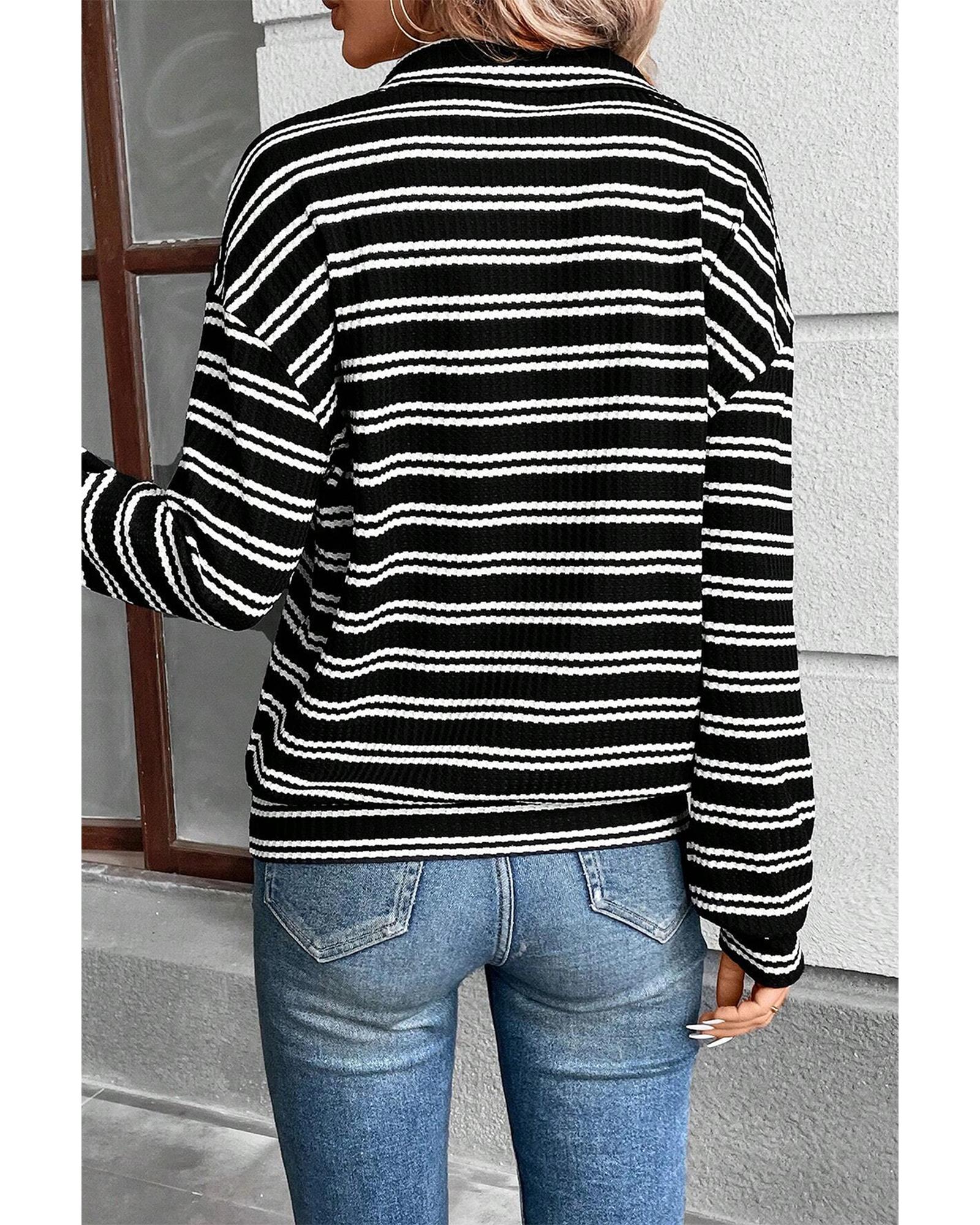 V539-AZEXDC25129223-P219-M-202508270645-00 Black Stripe Textured Quarter Zip Collar Long Sleeve Top - M - Image 1