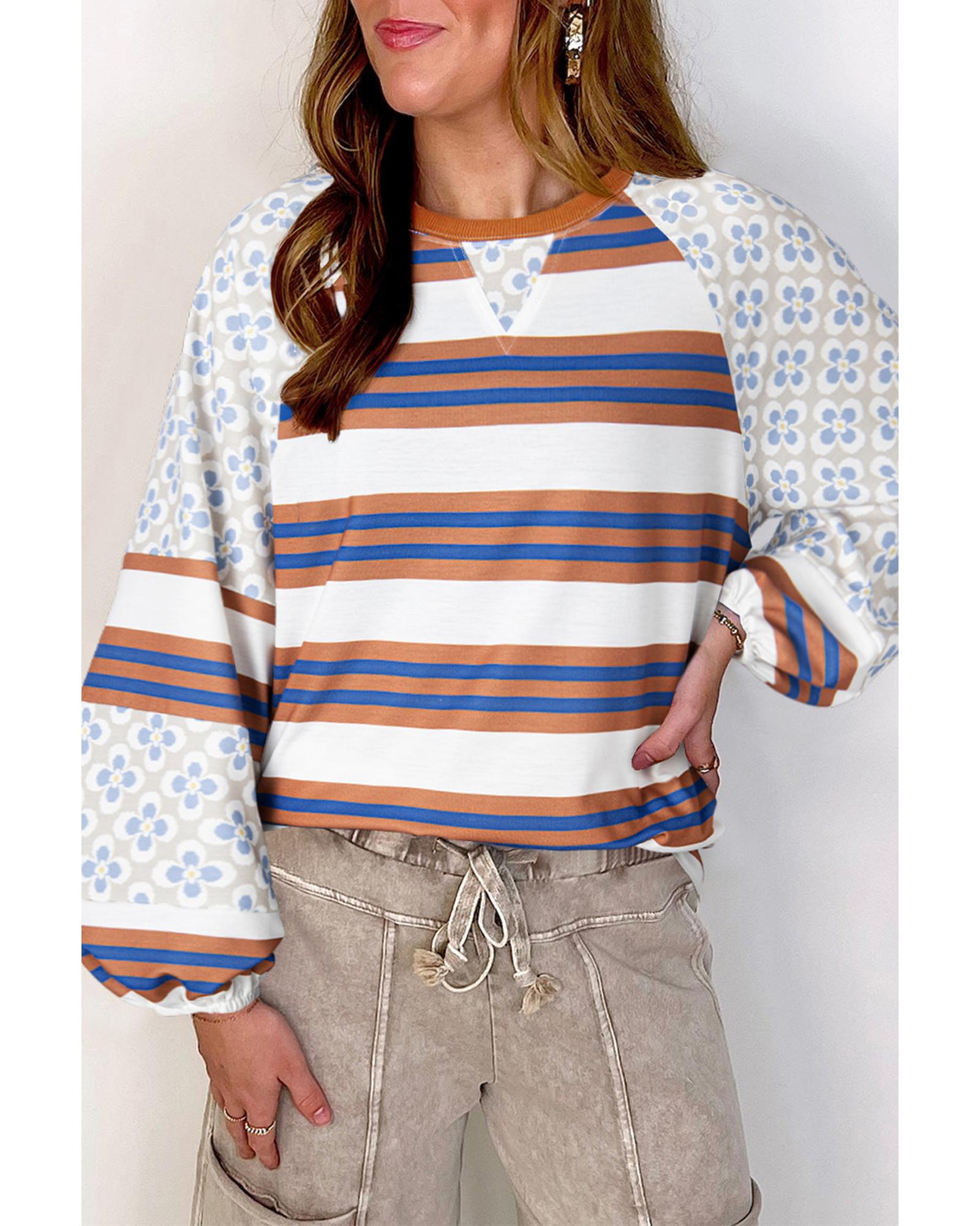 V539-AZEXDC25129235-P122-S-202506120746-00 White Striped Floral Printed Patchwork Lantern Sleeve Blouse - S - Image 1