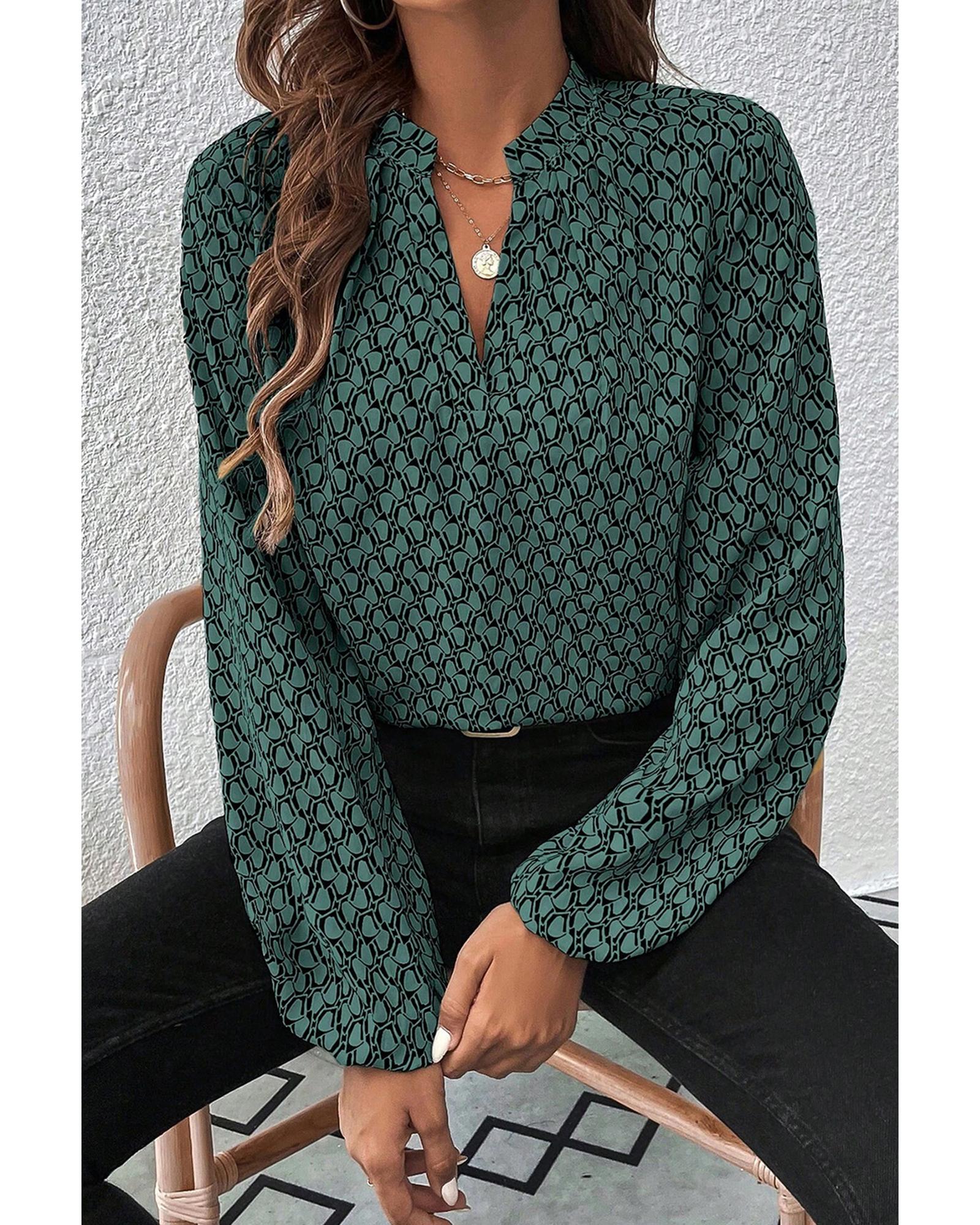 V539-AZEXDC25129254-P920-S-202506120807-00 Green Geometric Print Notched Neck Puff Sleeve Blouse - S - Image 1