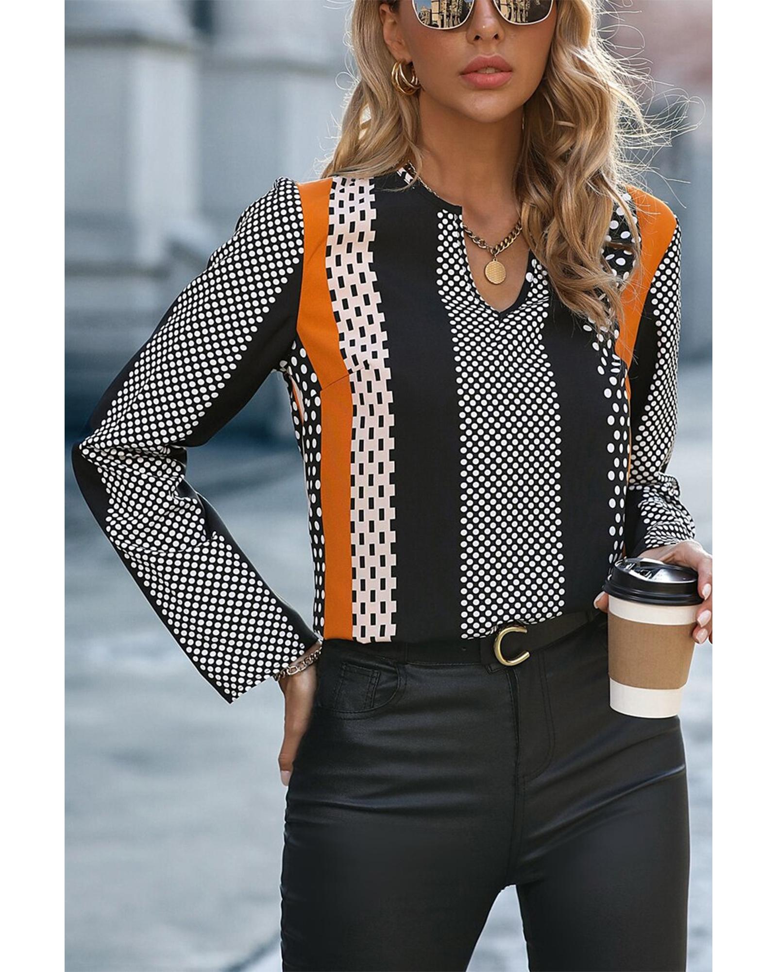 V539-AZEXDC25129283-P1422-XL-202508270200-00 Orange Geo Print Colorblock Notched V Neck Blouse - XL - Image 1