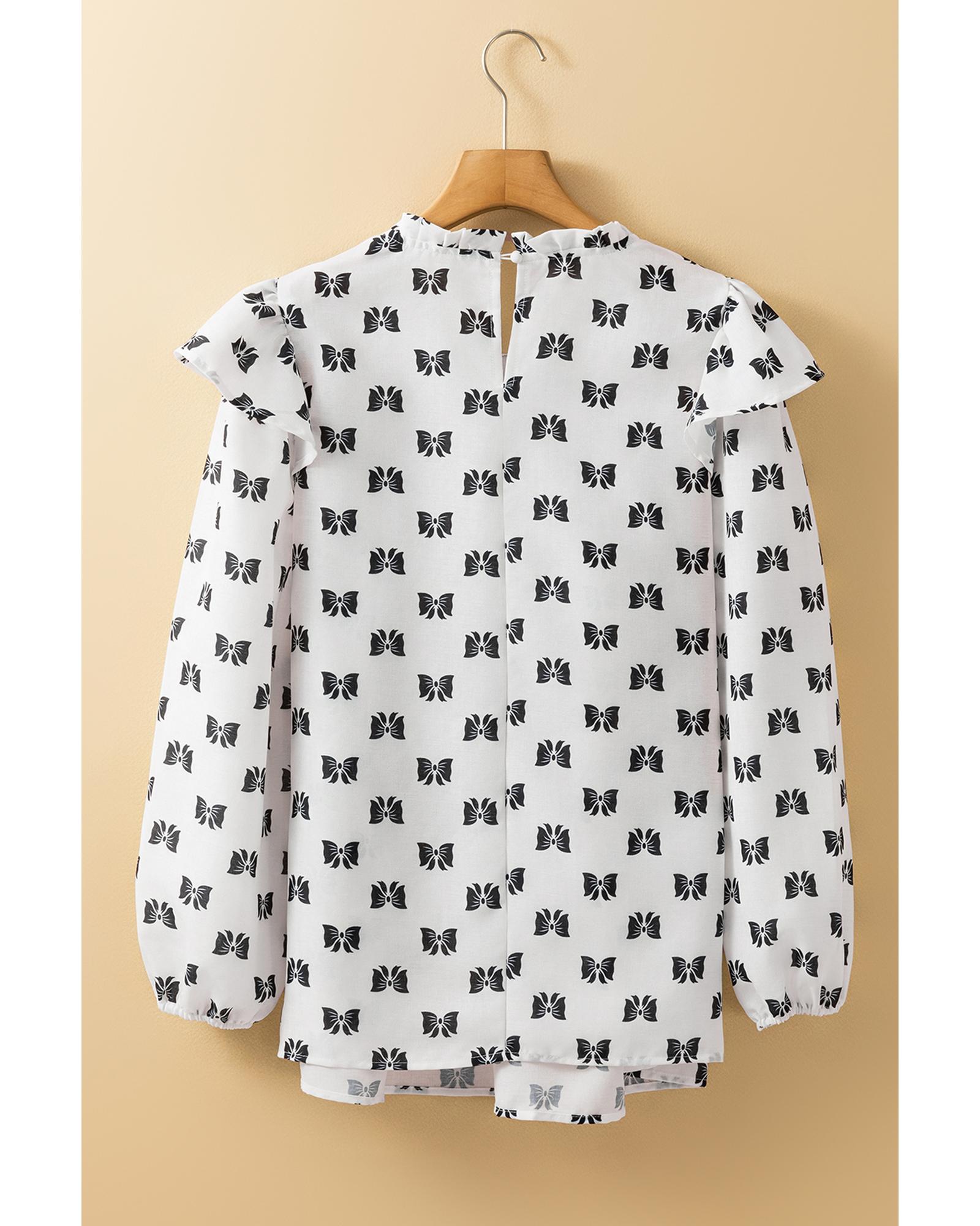 V539-AZEXDC25129290-P120-L-202508270315-00 White Bow Knot Print Piping Trim Ruffled Crew Neck Blouse - L - Image 1