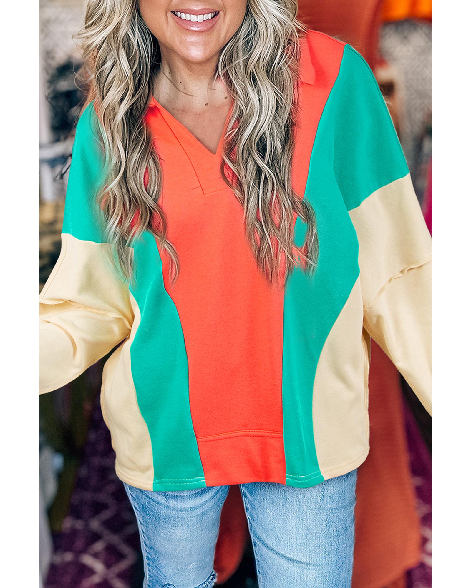 V539-AZEXDC25129303-P3014-XL-202508271730-00 Grapefruit Orange Color Block Patchwork Collared V Neck Loose Top - XL - Image 1