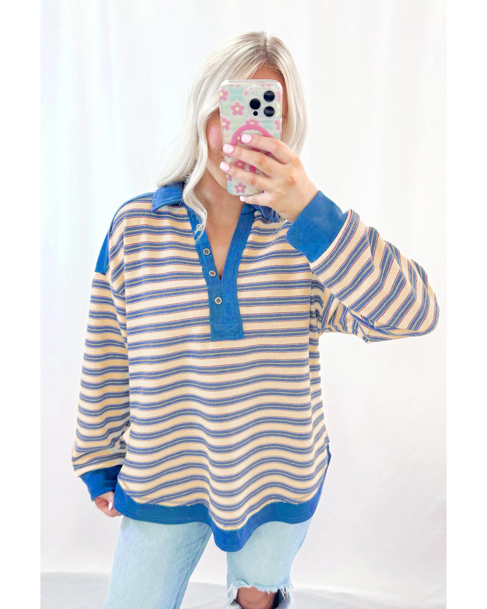 V539-AZEXDC25129317-P519-M-202508270940-00 Blue Stripe Buttoned V Neck Collared Drop Shoulder Top - M - Image 1