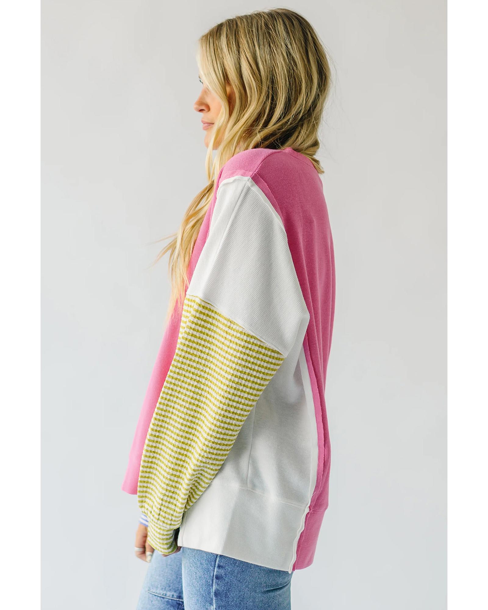 V539-AZEXDC25129357-P406-M-202508272350-00 Sachet Pink Exposed Seam Striped Color Block Patchwork Long Sleeve Top - M - Image 1