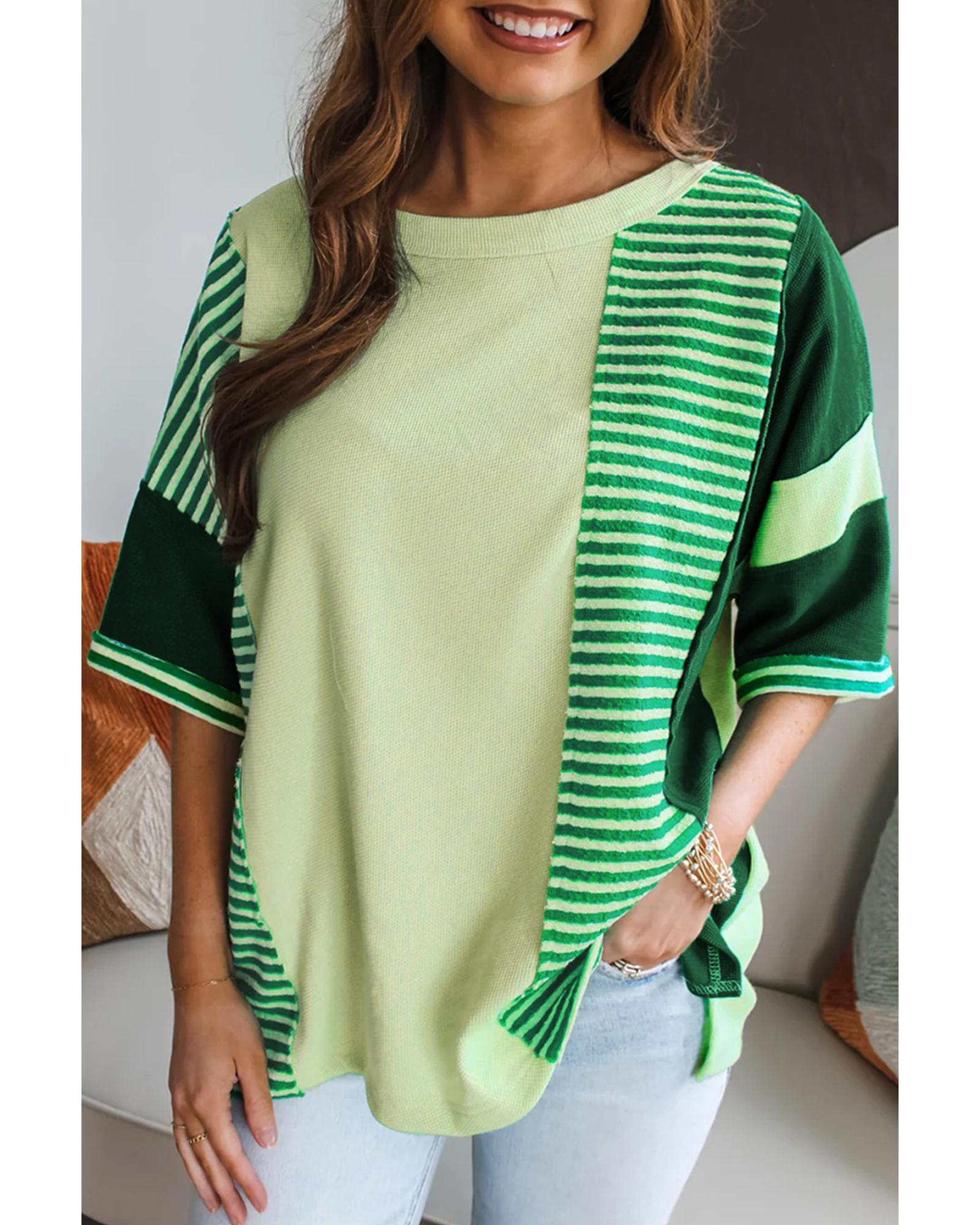 V539-AZEXDC25129359-P1009-S-202506120236-00 Mint Green Striped Patchwork Textured Colorblock 3/4 Sleeve Knit Top - S - Image 1