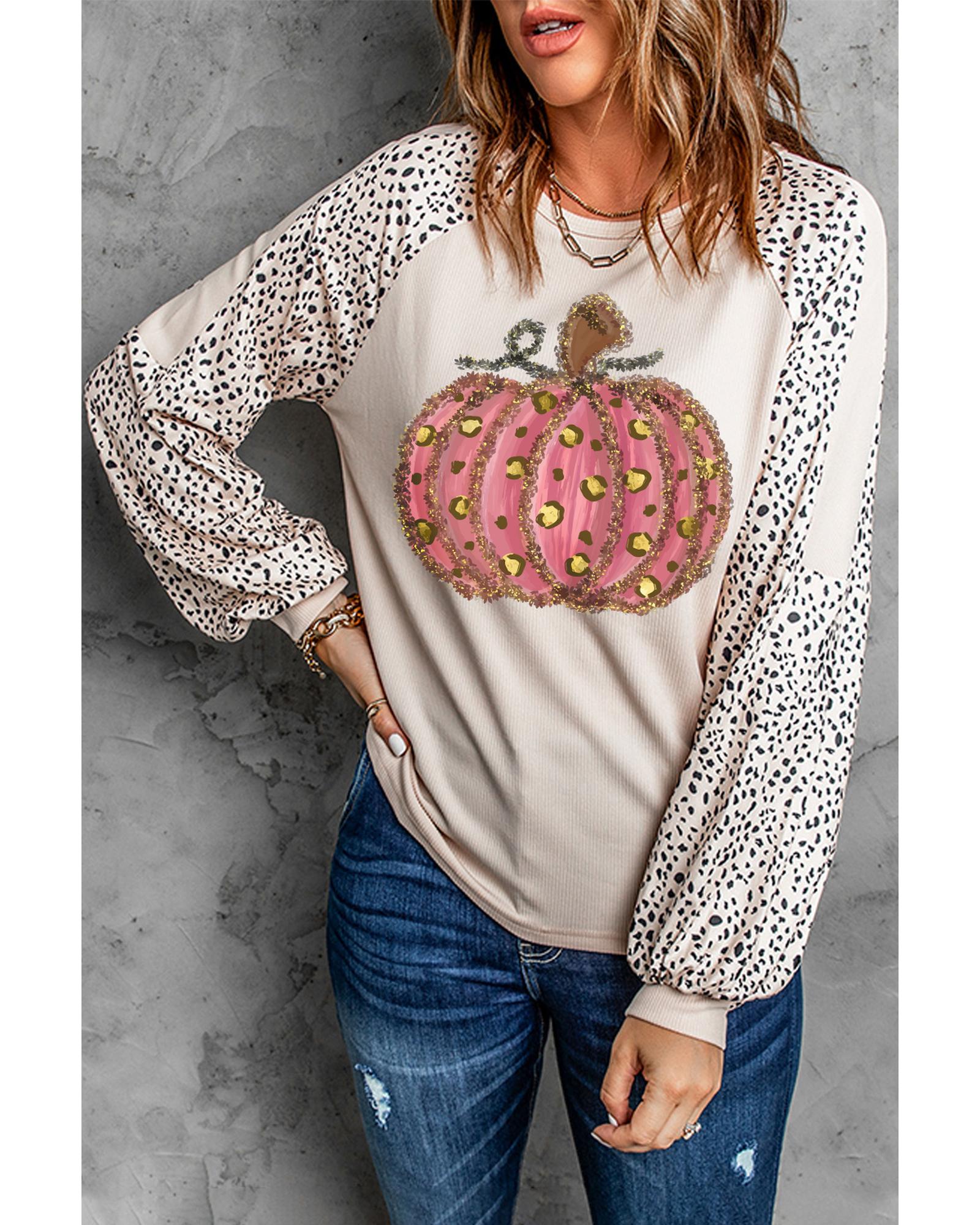 V539-AZEXDC25129379-16-L-202508272030-00 Khaki Thanksgiving Pumpkin Graphic Leopard Raglan Sleeve Top - L - Image 1