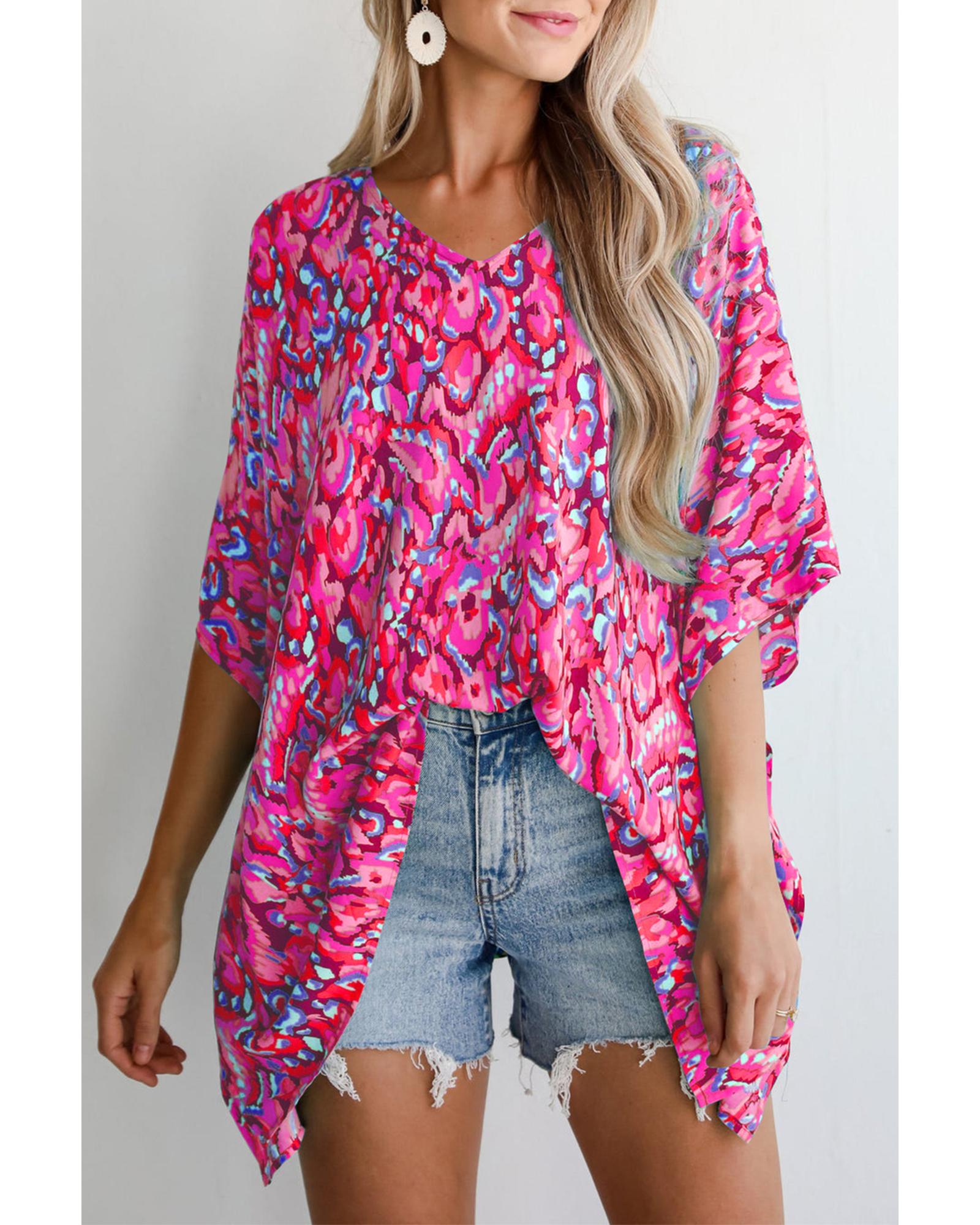 V539-AZEXDC25129427-P1020-M-202508272300-00 Pink Abstract Print V Neck Half Sleeve Loose Fit Tunic Blouse - M - Image 1