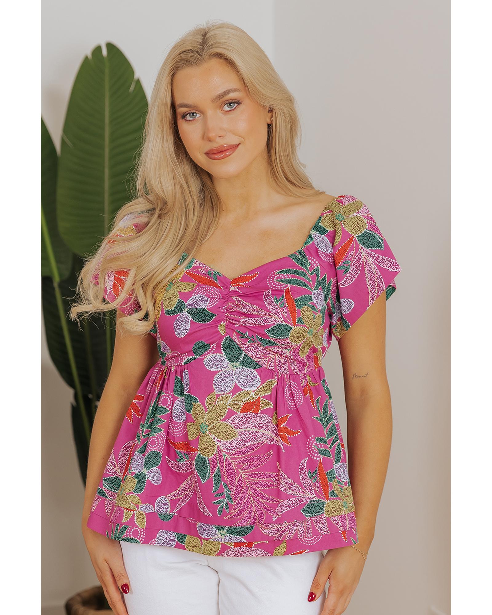 V539-AZEXDC25129429-P820-S-202506120337-00 Purple Floral Print Sweetheart Neck Flutter Sleeve Blouse - S - Image 1