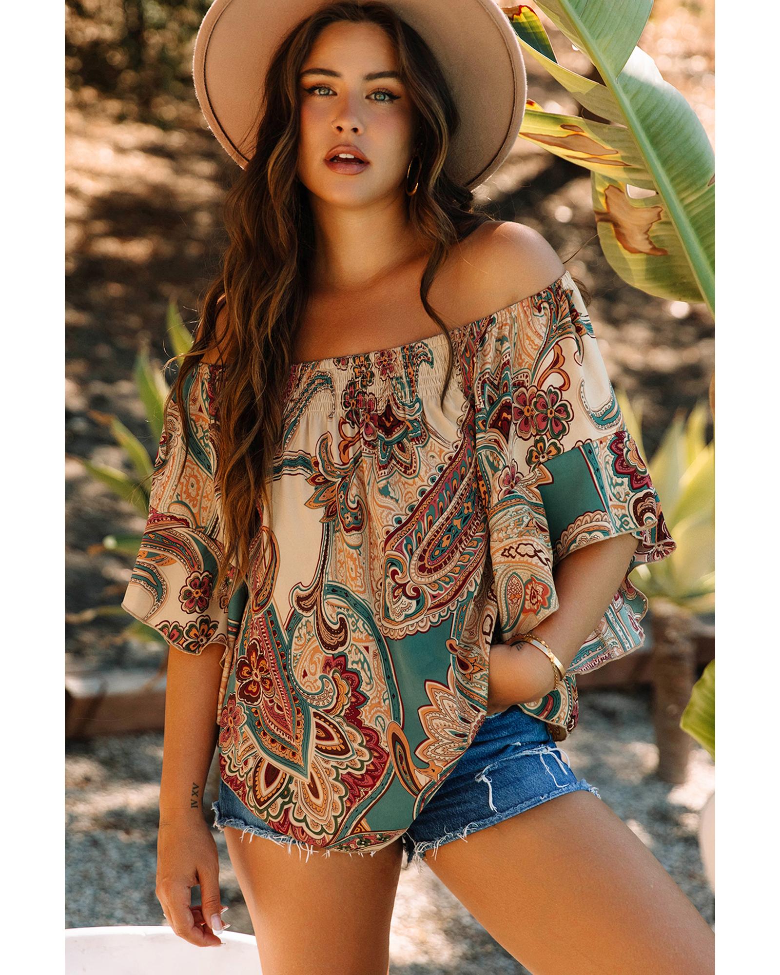 V539-AZEXDC25129433-P1820-L-202508270550-00 Apricot Paisley Printed Shirred Off Shoulder Ruffled Draped Sleeve Blouse - L - Image 1