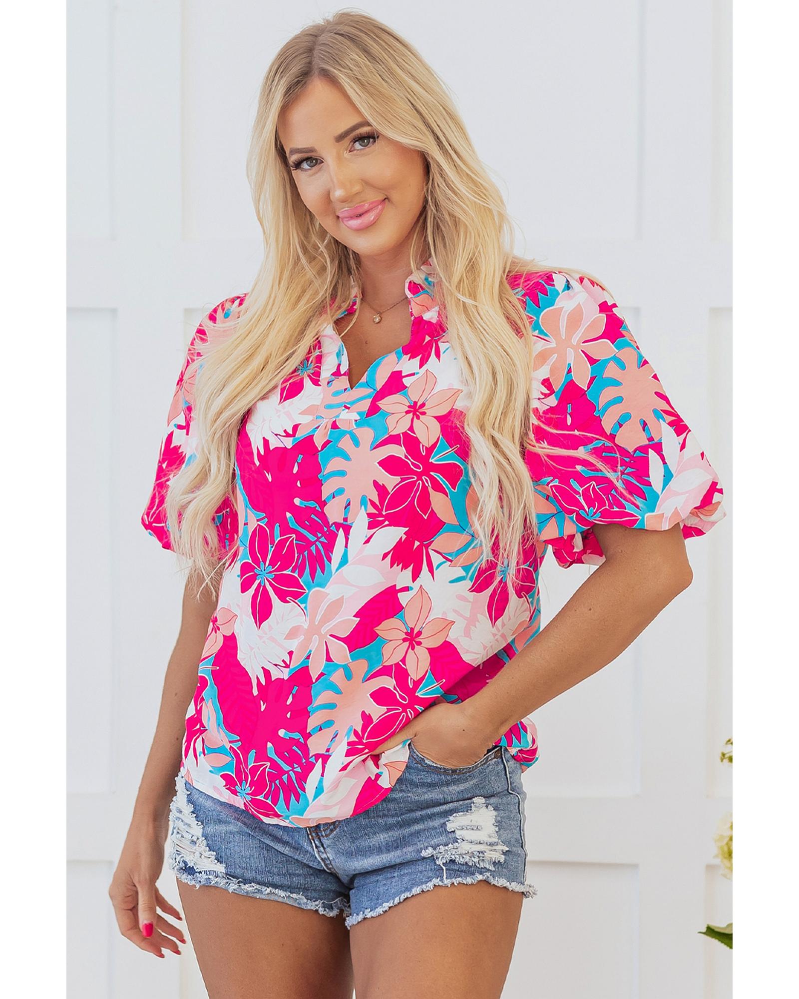 V539-AZEXDC25129435-P620-S-202506120407-00 Rose Tropical Plant Printed V Neck Puff Sleeve Blouse - S - Image 1