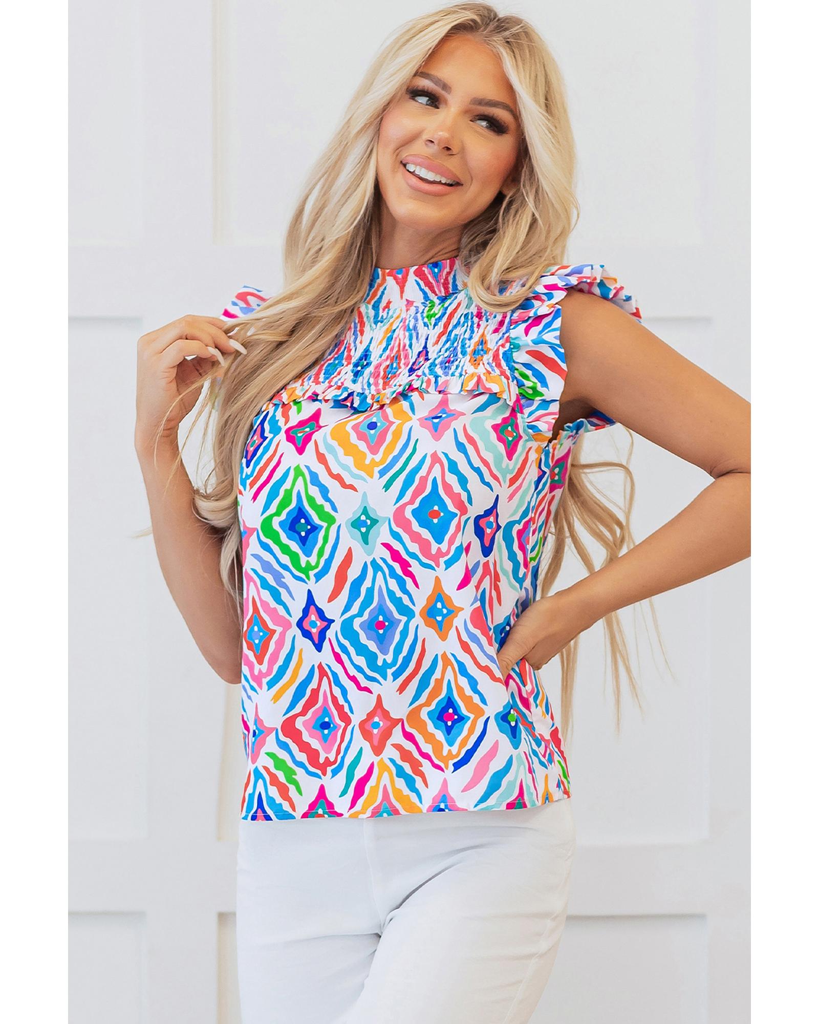 V539-AZEXDC25129441-P422-XL-202508271300-00 Light Blue Geometric Printed Flutter Sleeve Mock Neck Shirred Blouse - XL - Image 1