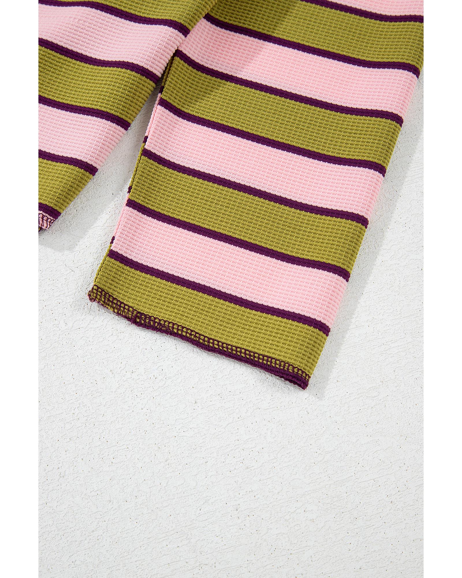 V539-AZEXDC25129478-P709-L-202508272030-00 Spinach Green Clashing Stripes Waffle Texture Notched Neck Long Sleeve Top - L - Image 1