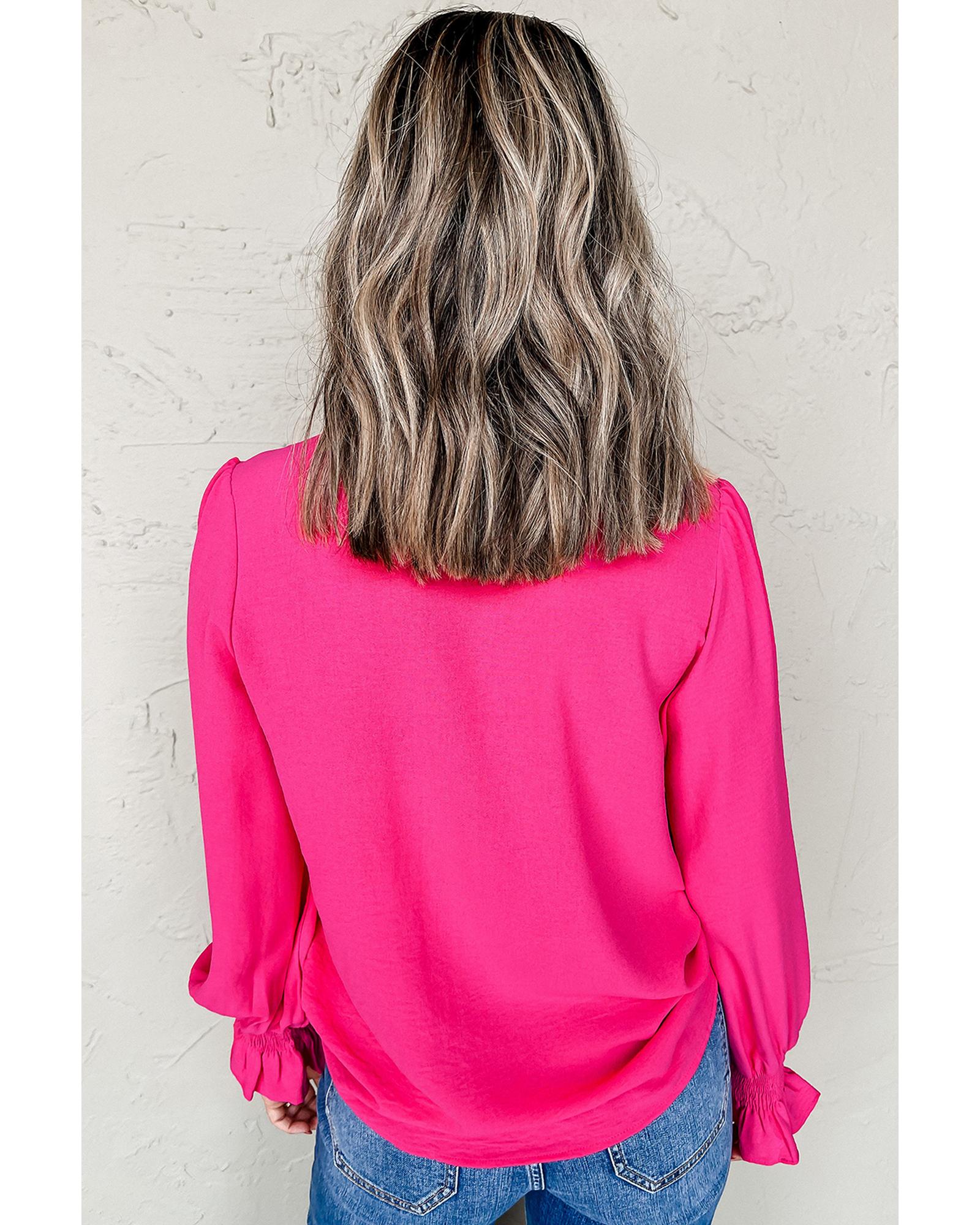 V539-AZEXDC25129494-P6-XL-202508271835-00 Rose Red Solid Color Shirred Cuff Notch V Neck Blouse - XL - Image 1