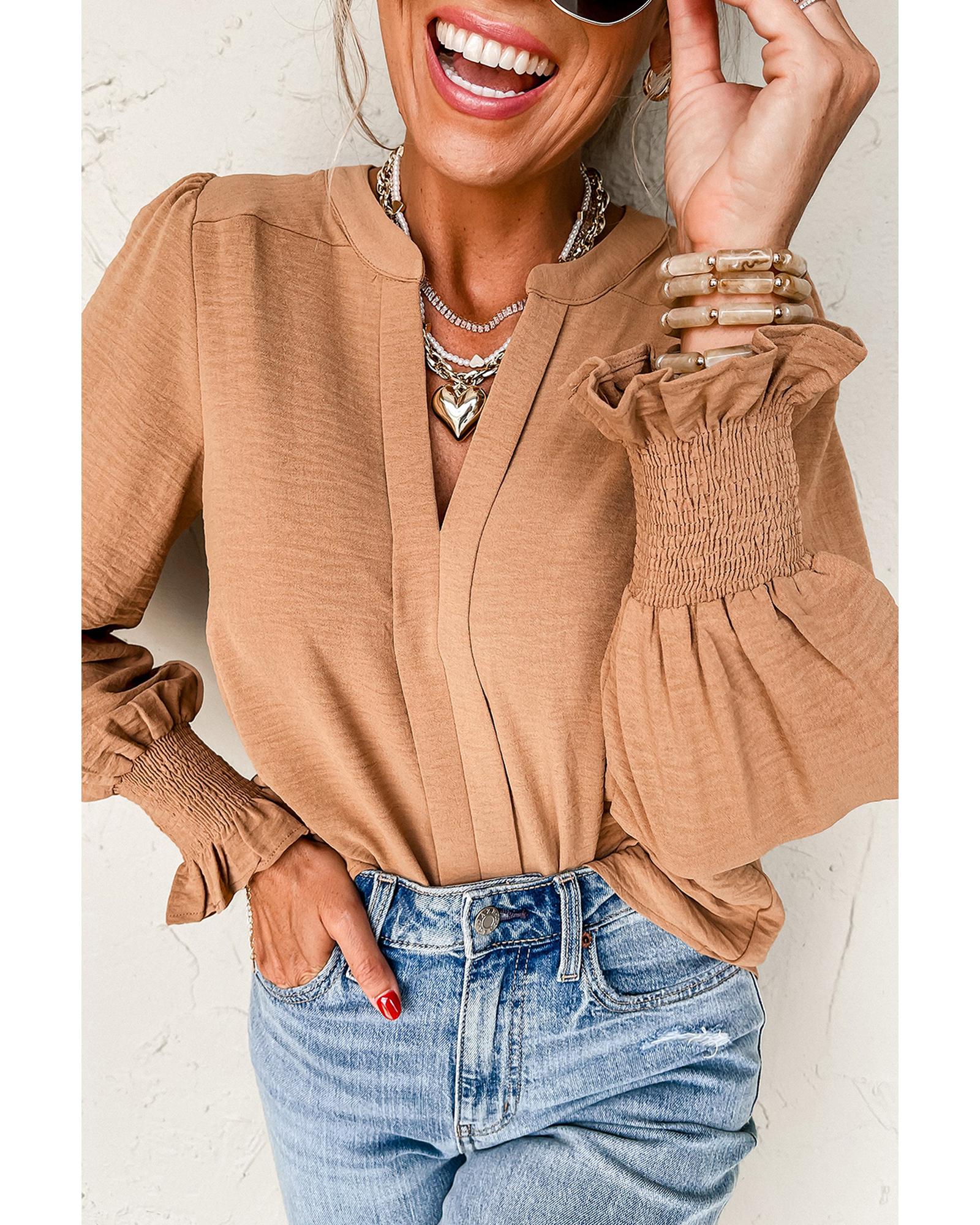 V539-AZEXDC25129494-P8016-S-202506120510-00 Straw Yellow Solid Color Shirred Cuff Notch V Neck Blouse - S - Image 1