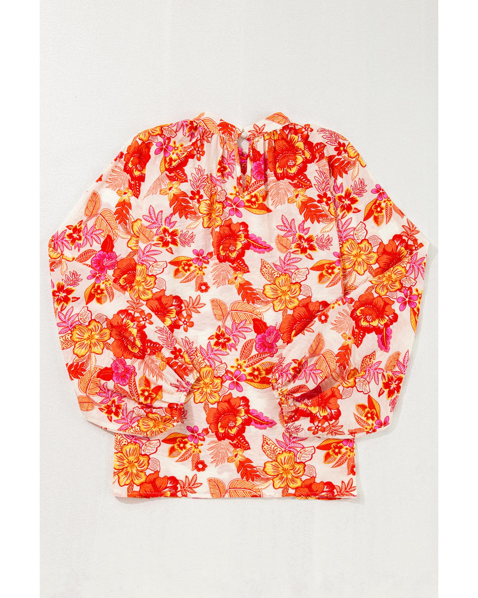 V539-AZEXDC25129502-P1420-L-202508270200-00 Orange Floral Print Pearl Button Keyhole Long Puff Sleeve Blouse - L - Image 1