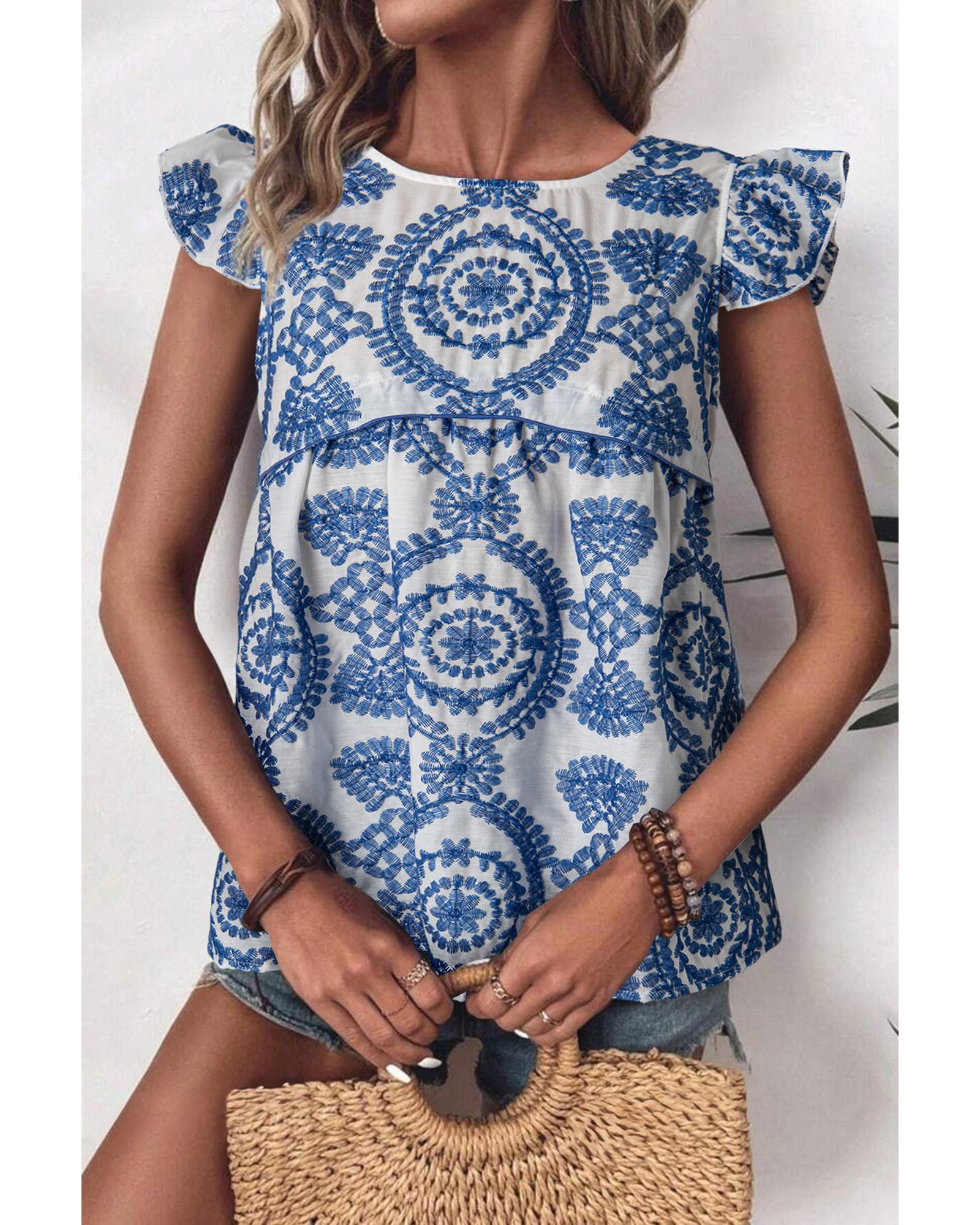 V539-AZEXDC25129504-P520-L-202508270705-00 Blue Boho Print Flutter Sleeve Crew Neck Blouse - L - Image 1