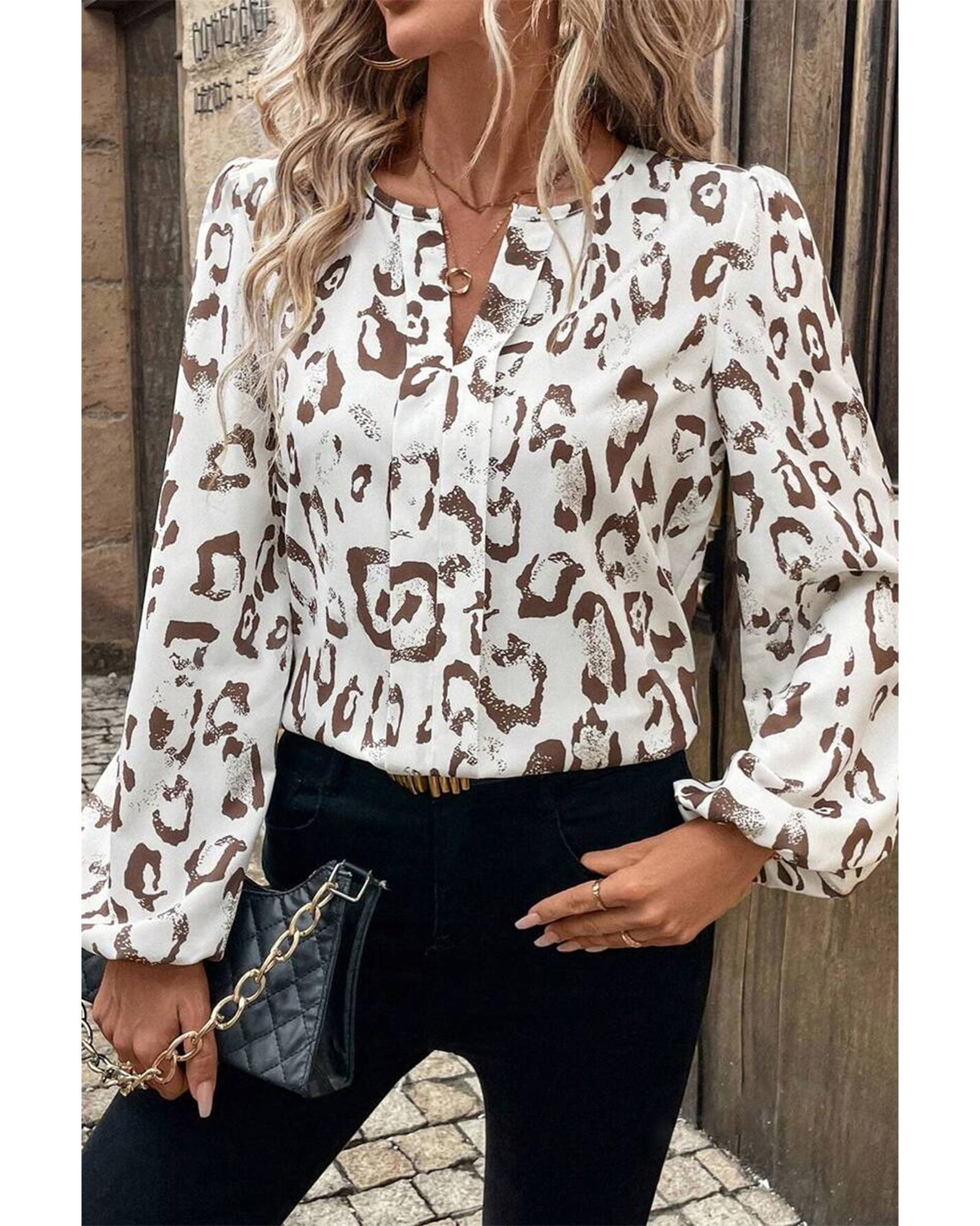 V539-AZEXDC25129508-P1620-XL-202508272005-00 Khaki Leopard Print Split Neck Balloon Sleeve Blouse - XL - Image 1