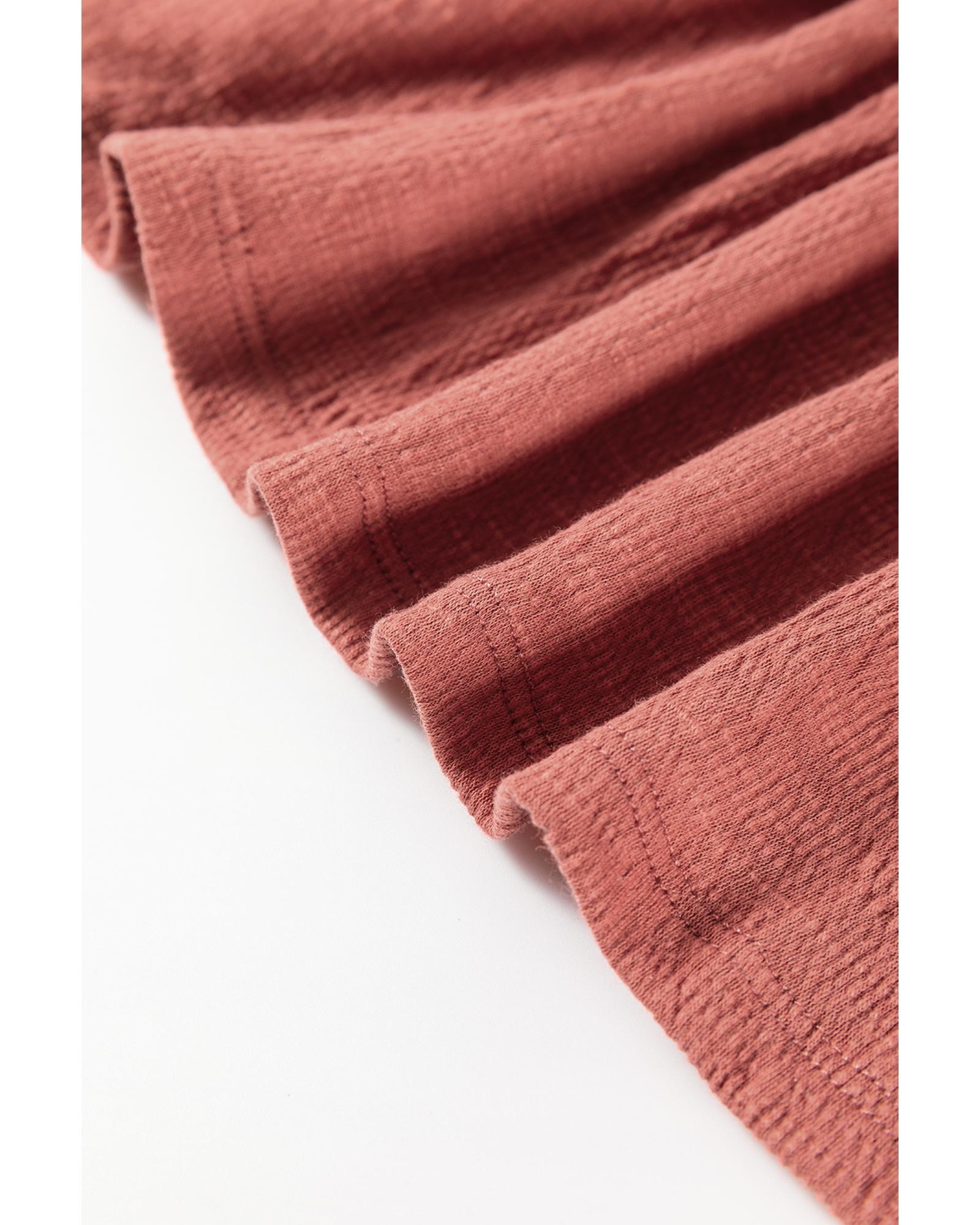 V539-AZEXDC25129533-P303-S-202506120606-00 Mineral Red Solid Color Textured Frilled Trim V Neck Puff Sleeve Blouse - S - Image 1