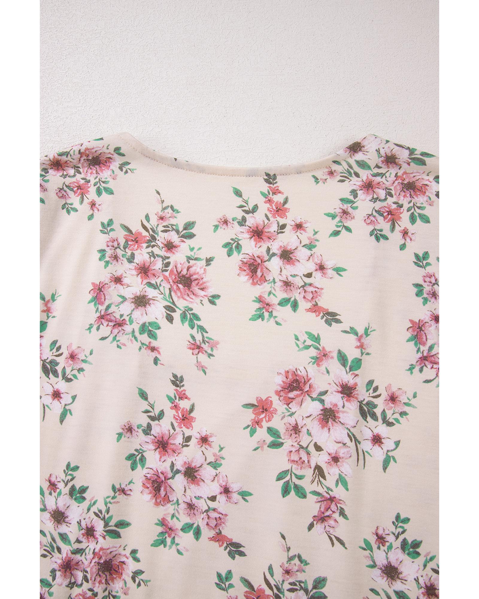 V539-AZEXDC25129540-P1020-S-202506120611-00 Pink Floral Print Pleated U Neck Loose Fit Blouse - S - Image 1