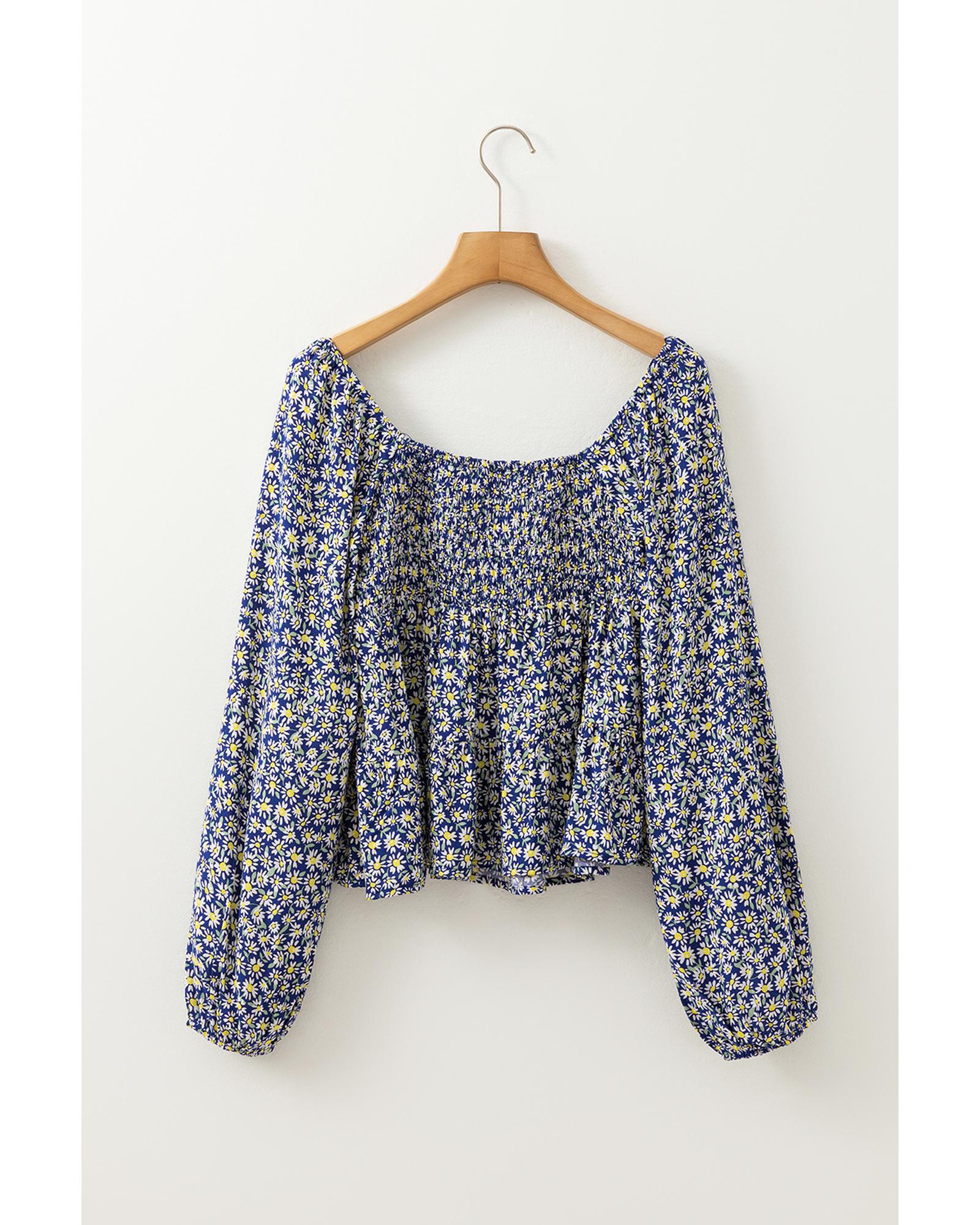 V539-AZEXDC25129542-P520-L-202508271320-00 Blue Boho Floral Print Smocked Square Neck Loose Fit Blouse - L - Image 1
