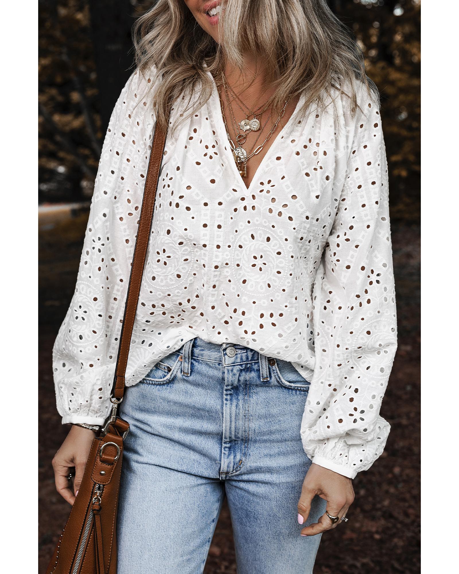 V539-AZEXDC25129549-P1-M-202508272055-00 White Eyelet Embroidered Puff Sleeve V Neck Blouse - M - Image 1