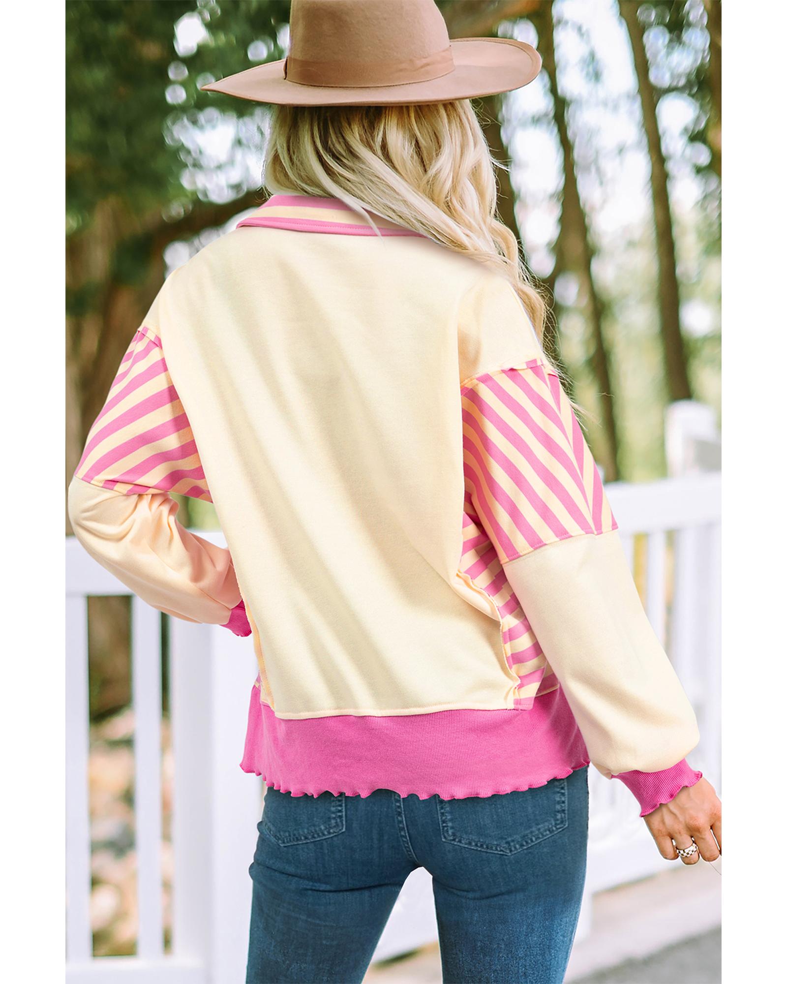 V539-AZEXDC25129561-P1019-M-202508271506-00 Pink Stripe Colorblock Patchwork Collared French Terry Knit Top - M - Image 1