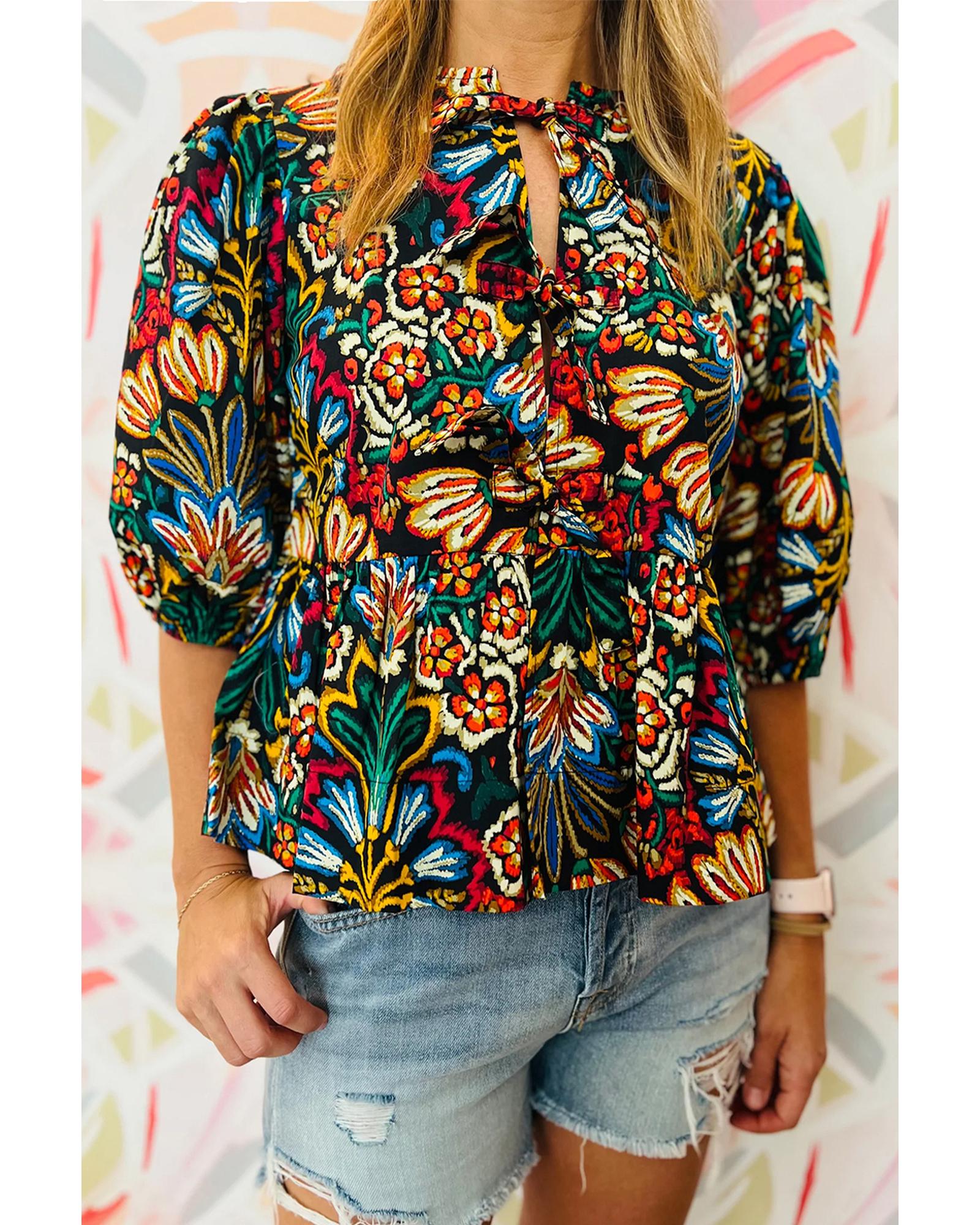 V539-AZEXDC25129566-P2-S-202506120652-00 Black Tropical Print Bubble Sleeve Knot Front Blouse - S - Image 1