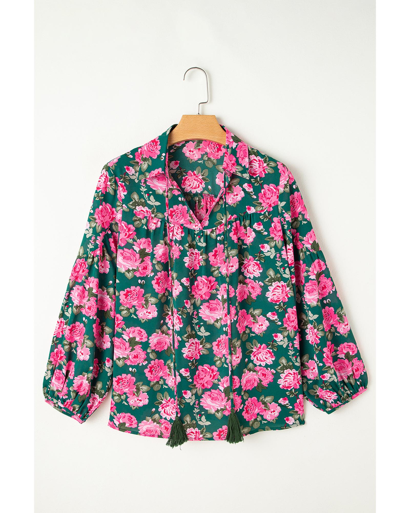 V539-AZEXDC25129572-P920-S-202508271015-00 Green Floral Printed Tied Collar Puff Sleeve Blouse - S - Image 1