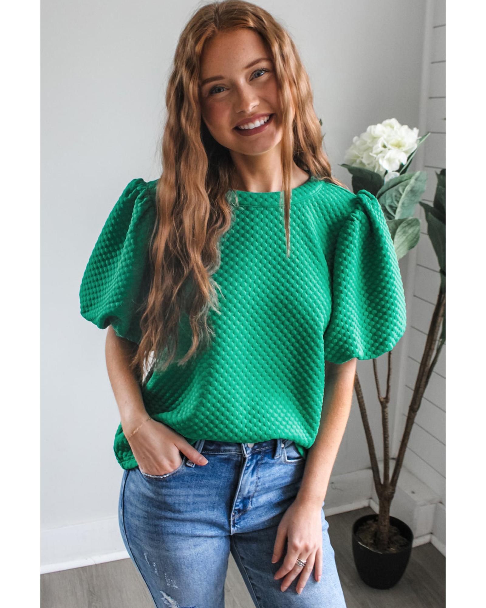 V539-AZEXDC25129588-P409-S-202508271405-00 Sea Green Solid Textured O Neck Puff Sleeve Blouse - S - Image 1