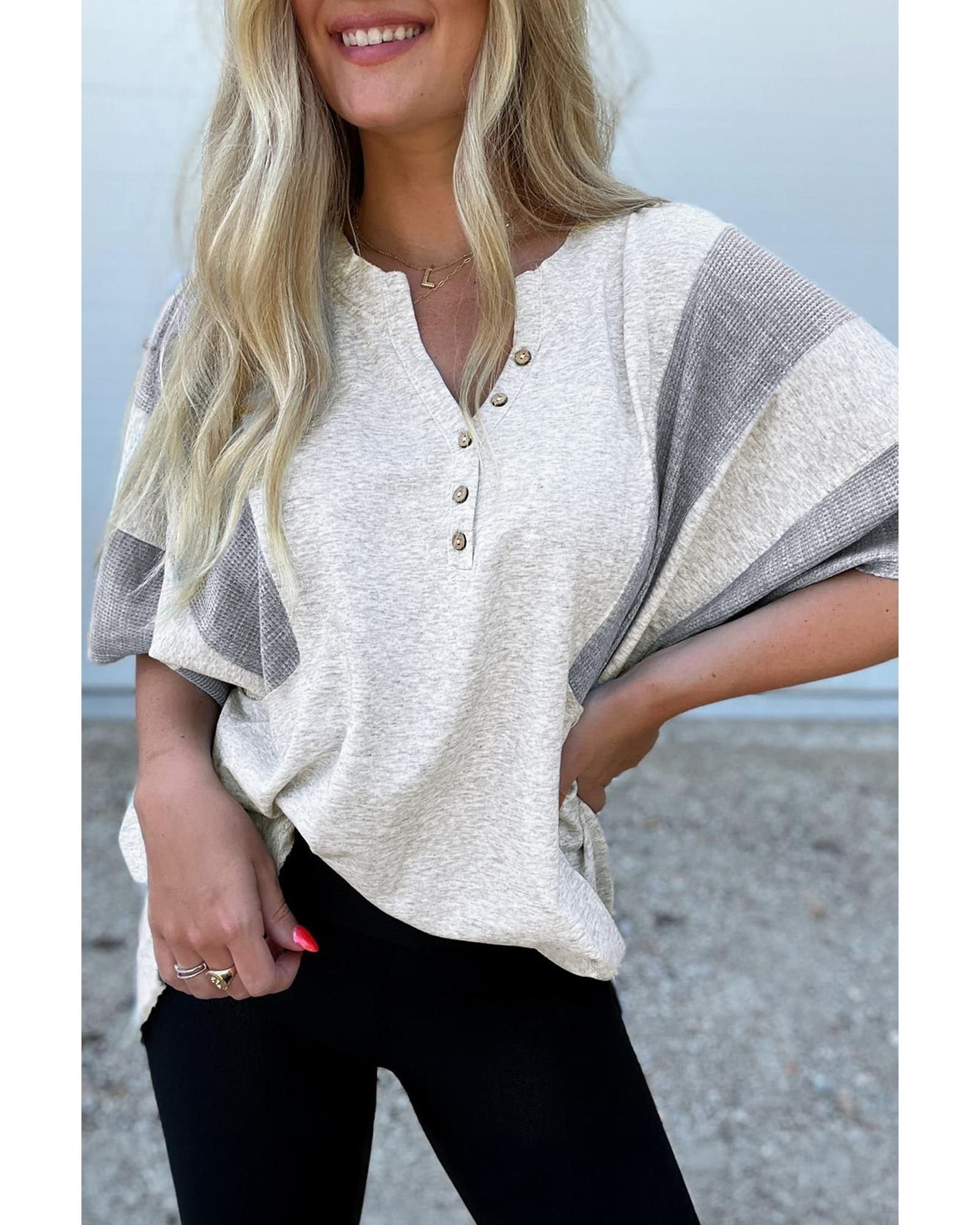 V539-AZEXDC25129590-P1011-L-202508271705-00 Light Grey Two Tone Contrast Waffle Knit Patched Buttoned V Neck Top - L - Image 1