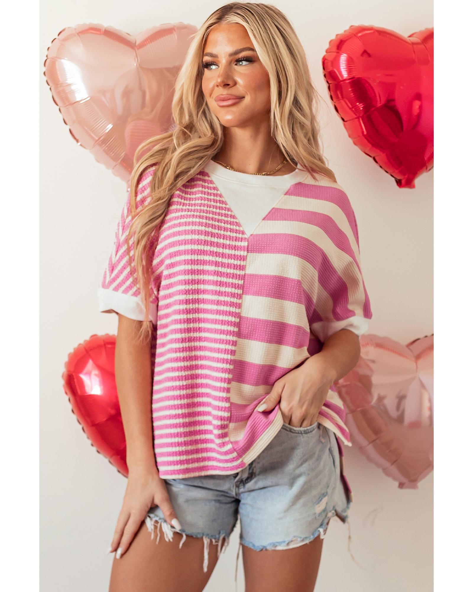 V539-AZEXDC25129597-P1019-L-202508271955-00 Pink Stripe Patchwork Textured Short Sleeve High Low Loose Top - L - Image 1