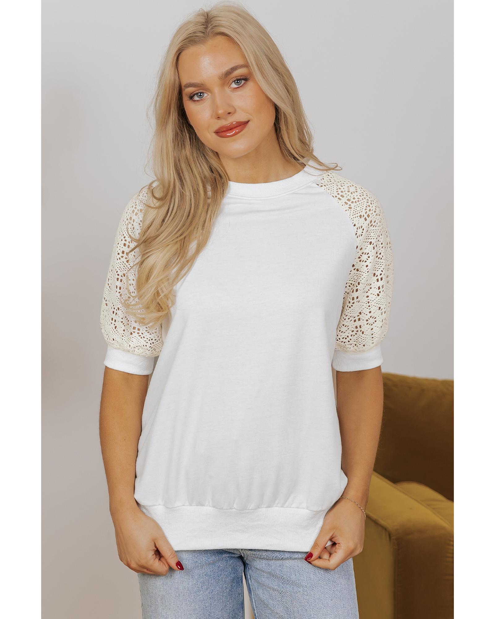 V539-AZEXDC25129601-P1-L-202508270820-00 White Lace Crochet Short Sleeve Round Neck T Shirt - L - Image 1