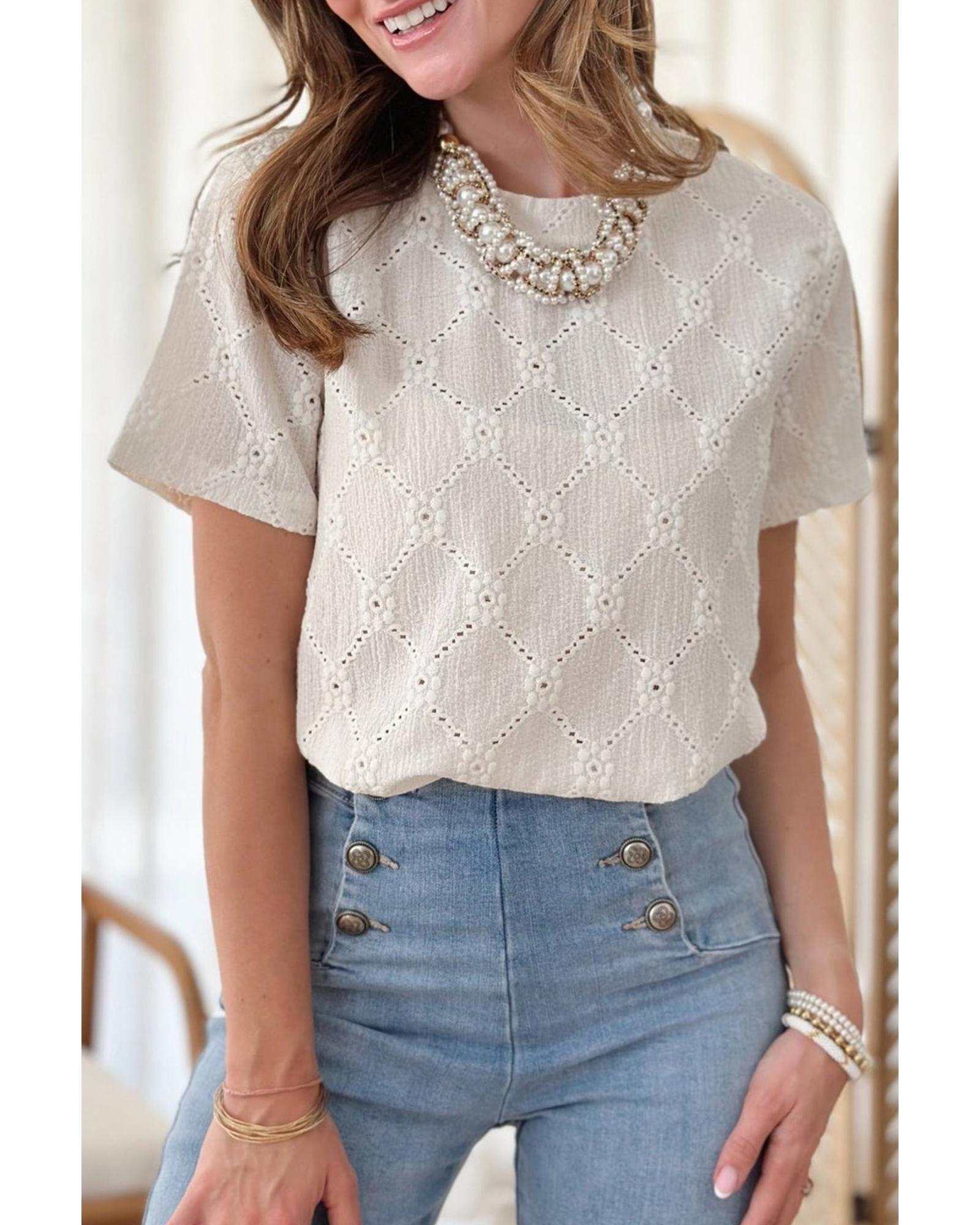 V539-AZEXDC25129604-P101-M-202508270920-00 White Geometric Embroidered Slim Fit O Neck T Shirt - M - Image 1