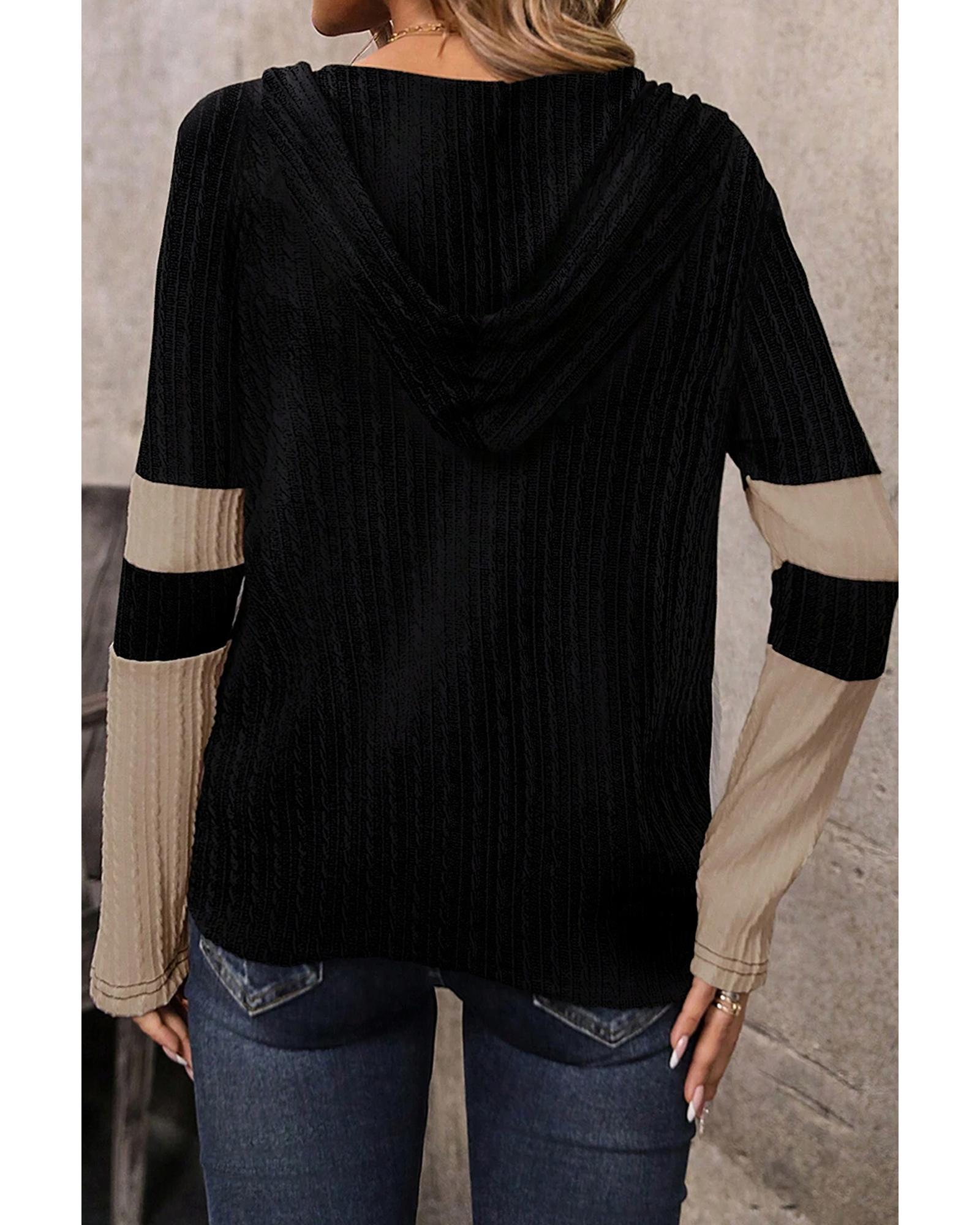 V539-AZEXDC25129607-P6016-S-202506120201-00 Parchment Textured Colorblock Long Sleeve Quarter Zip Drawstring Hooded Top - S - Image 1