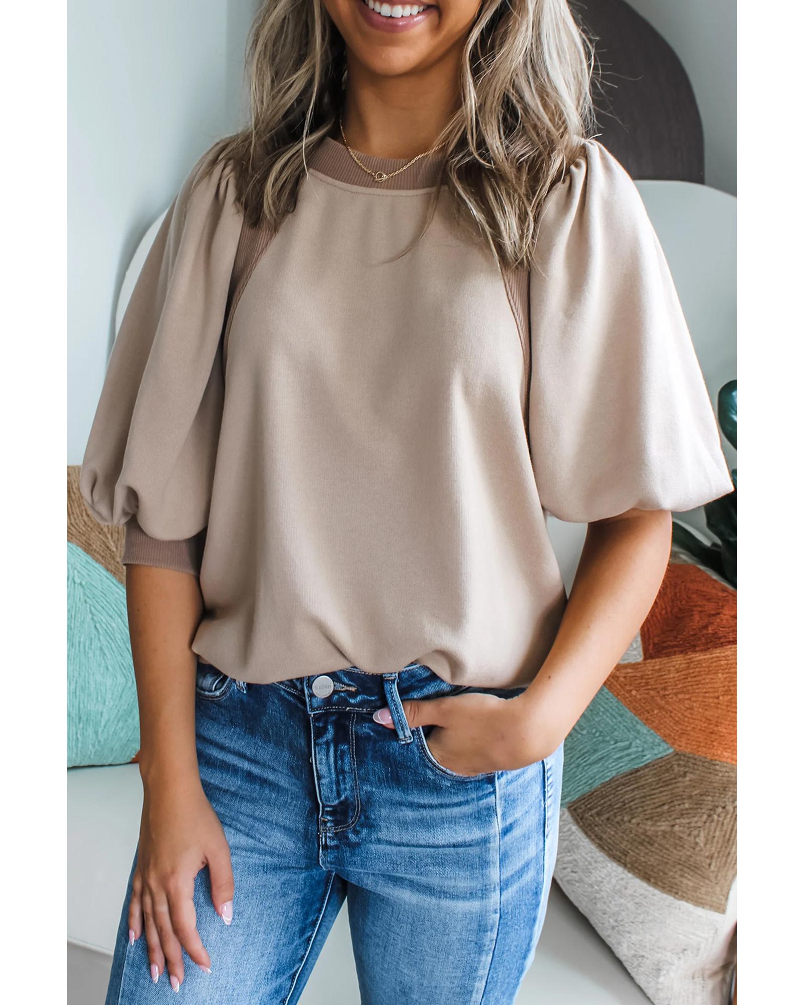 V539-AZEXDC25129608-P1217-XL-202508270206-00 Goat Half Lantern Sleeve Solid Colour Pullover Top - XL - Image 1