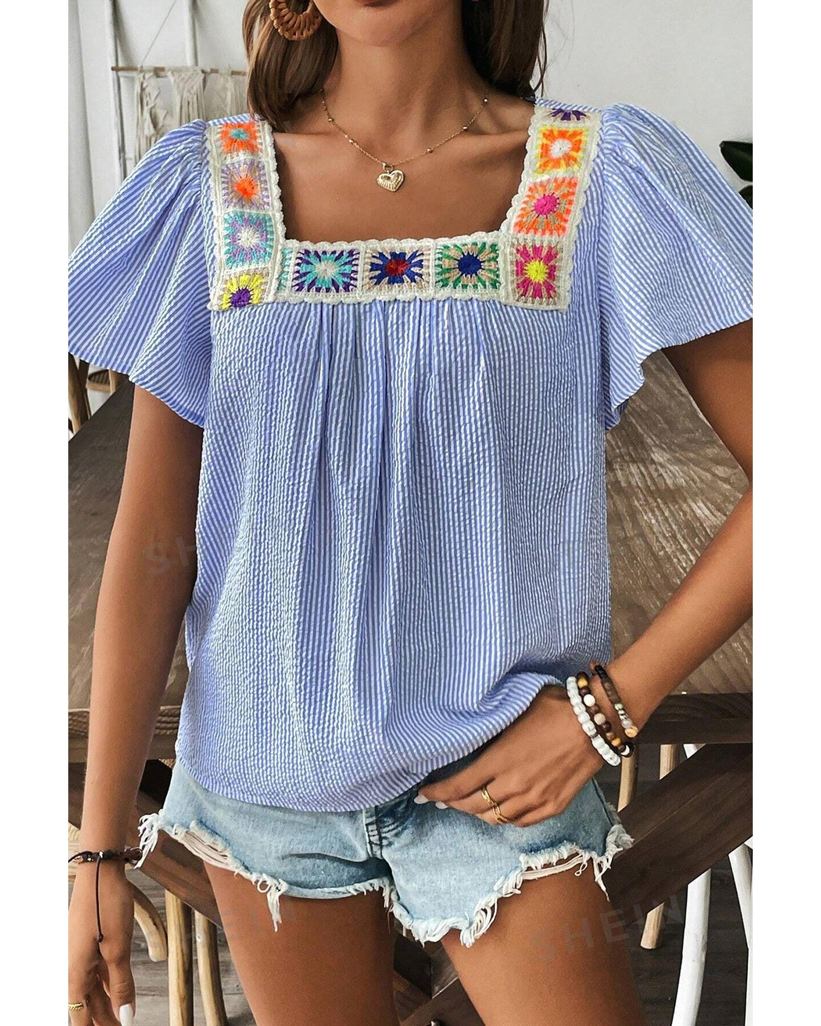 V539-AZEXDC25129670-P419-S-202506120246-00 Sky Blue Stripe Textured Ruffle Short Sleeve Boho Detail Square Neck Blouse - S - Image 1