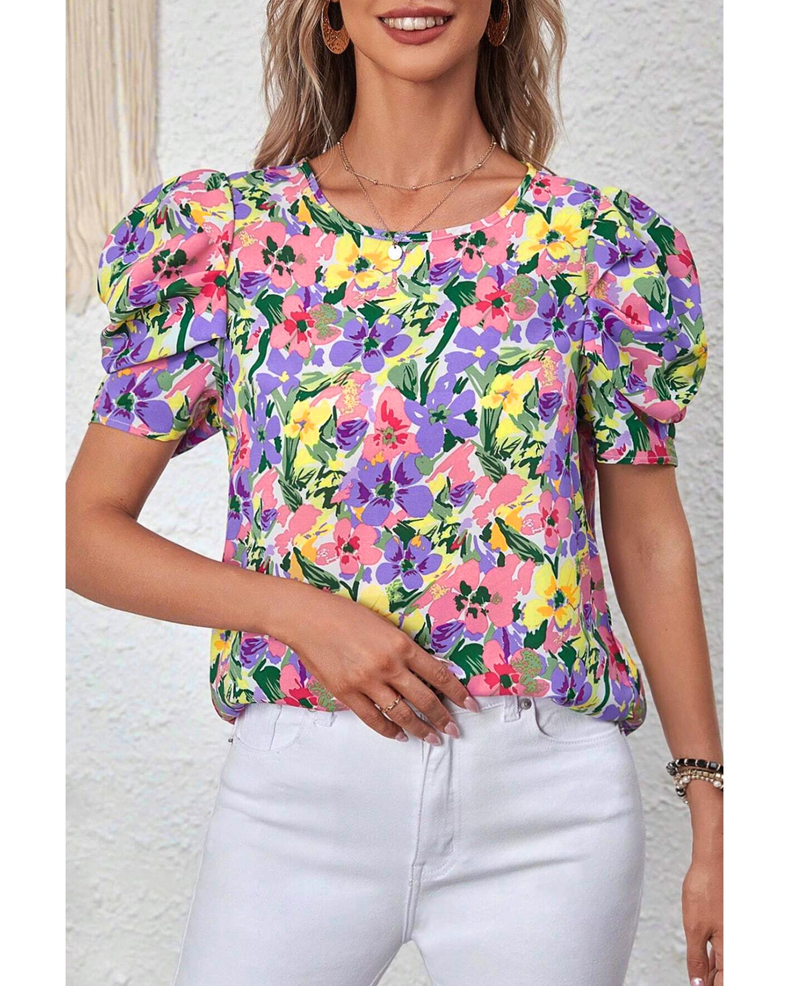 V539-AZEXDC25129671-P820-XL-202506120305-00 Purple Floral Print Puff Short Sleeve Crew Neck Blouse - XL - Image 1