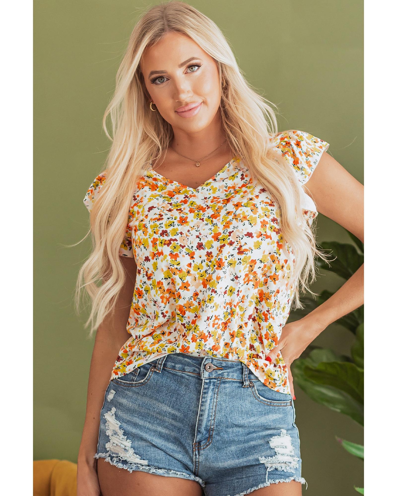 V539-AZEXDC25129675-P920-L-202508271135-00 Green Floral Print Ruffled Sleeveless V Neck Tank Top - L - Image 1