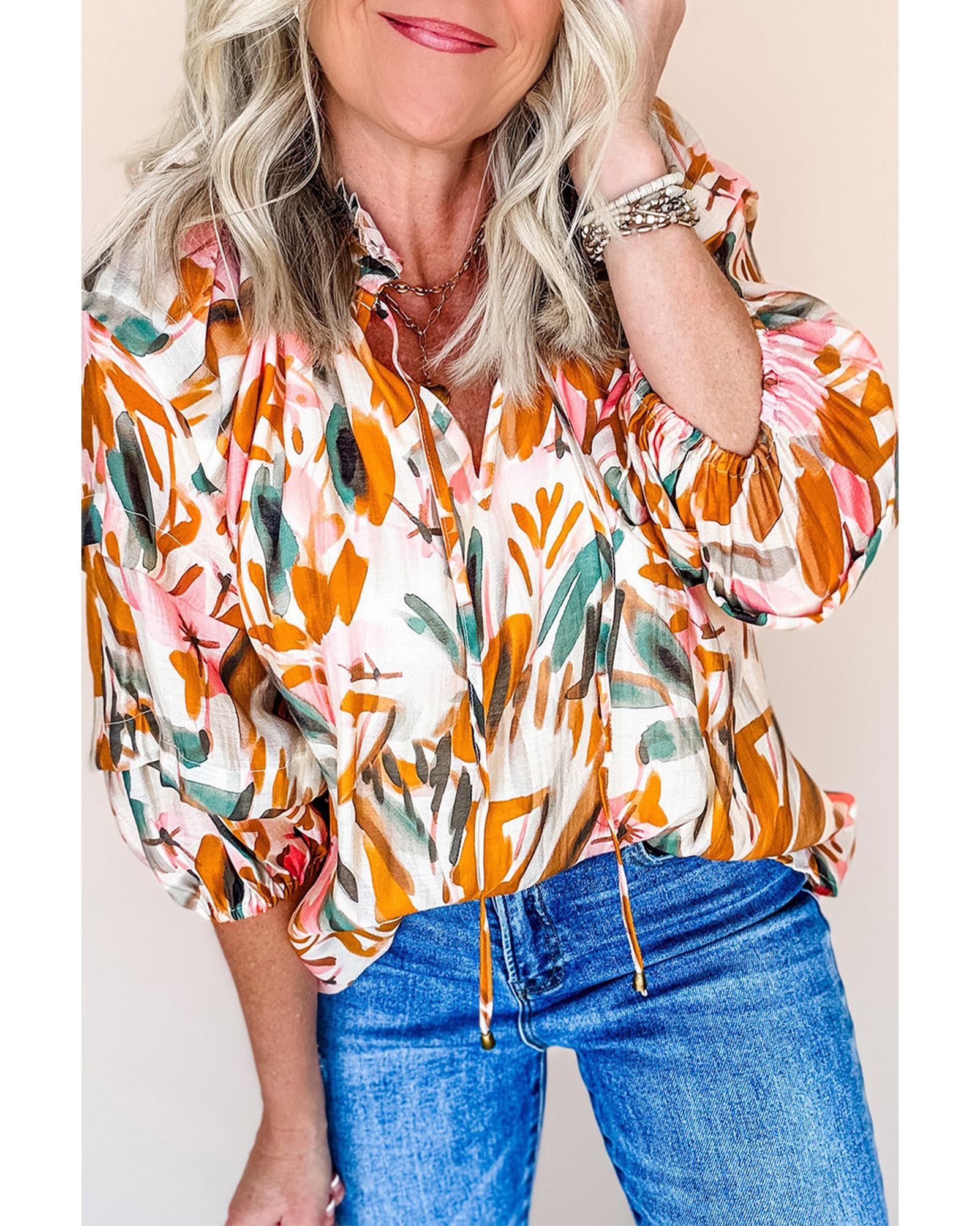 V539-AZEXDC25129695-P720-M-202508272305-00 Yellow Abstract Print Drawstring Frilled V Neck 3/4 Sleeve Blouse - M - Image 1