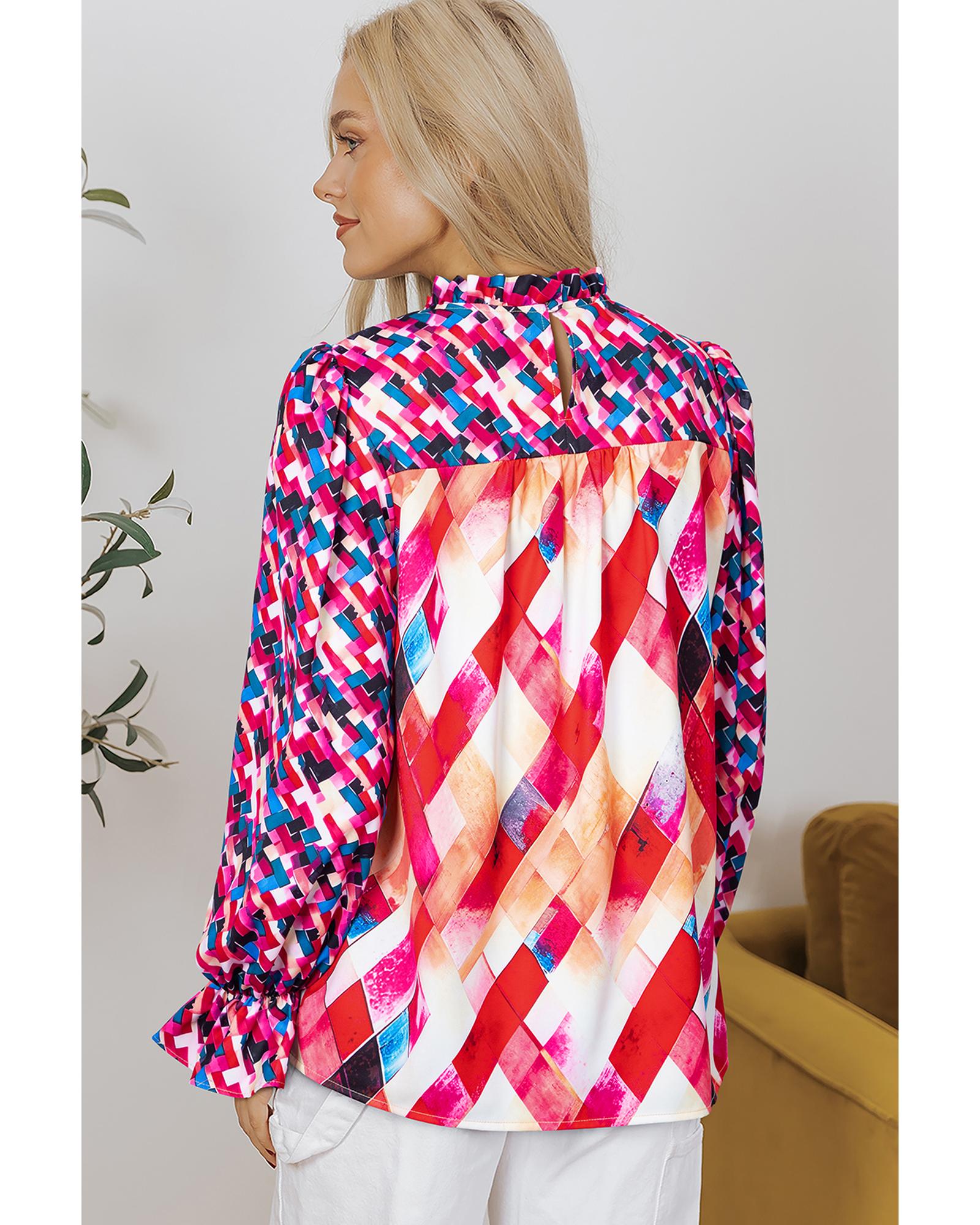 V539-AZEXDC25129706-P622-XL-202508271325-00 Rose Red Abstract Geometric Pattern Patchwork Puff Sleeve Blouse - XL - Image 1