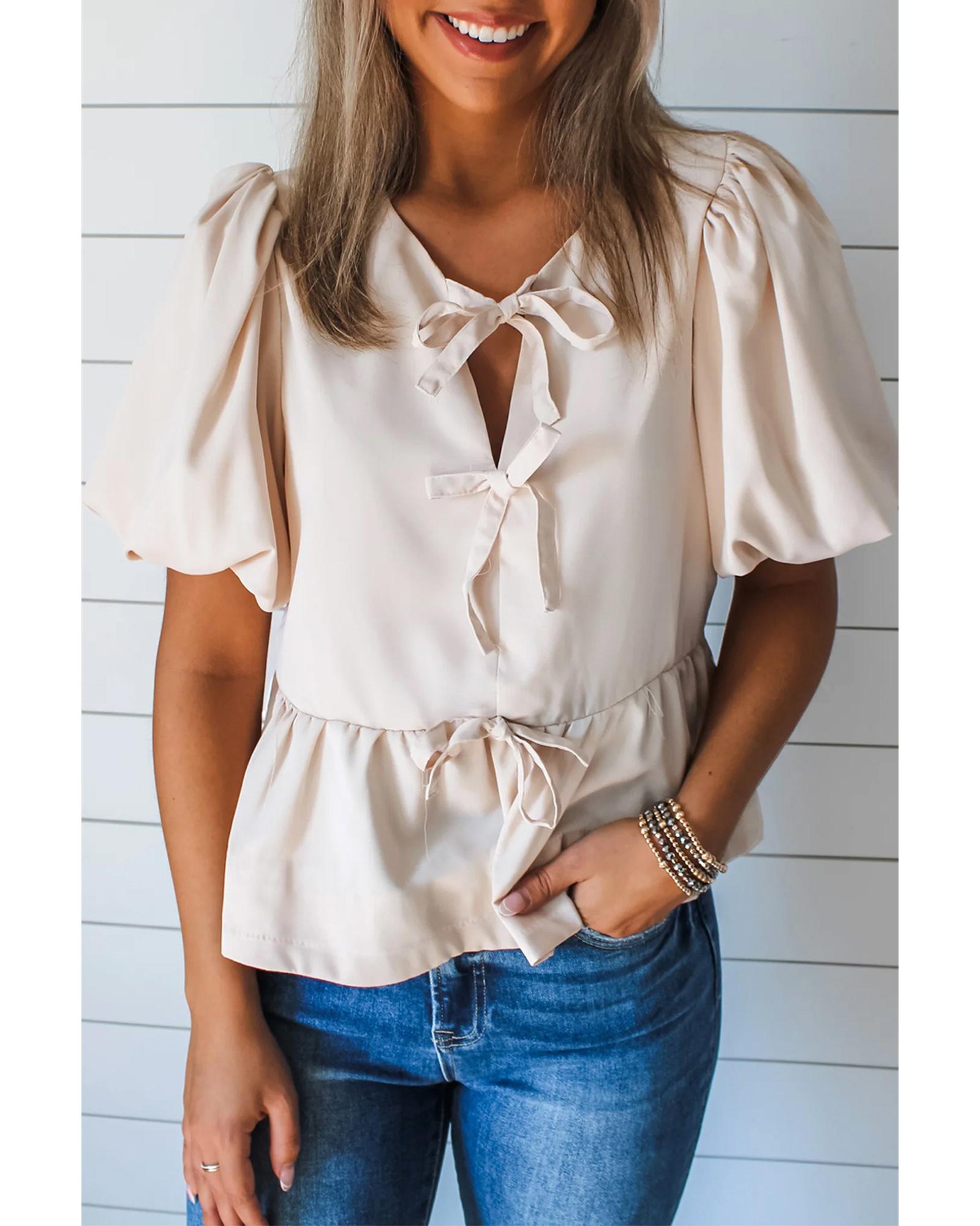 V539-AZEXDC25129762-P101-M-202508271035-00 White Bow Tie Short Puff Sleeve Ruffle Hem Blouse - M - Image 1