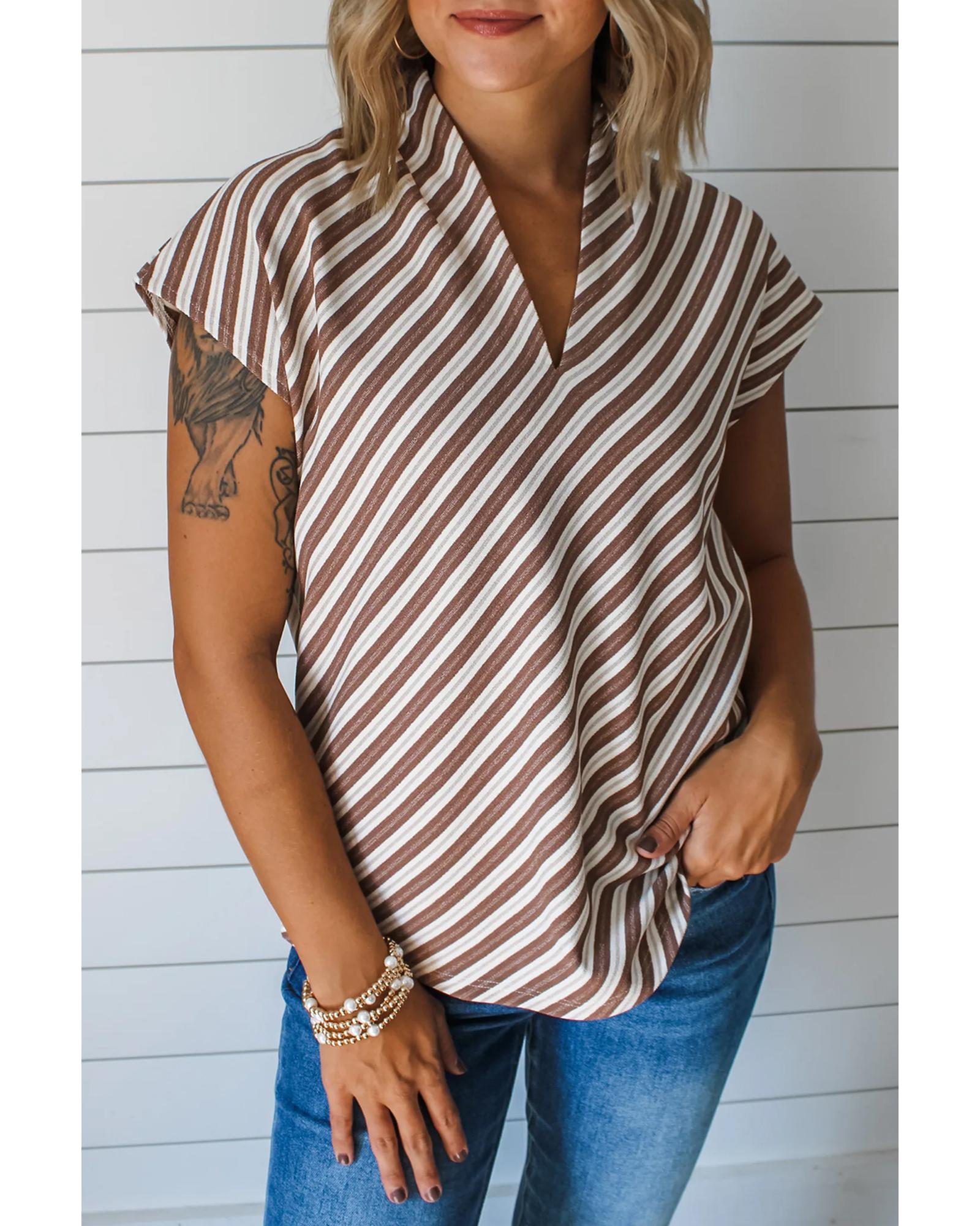 V539-AZEXDC25129763-P2017-M-202508271555-00 Chestnut Striped Stand V Neck Short Sleeve Blouse - M - Image 1