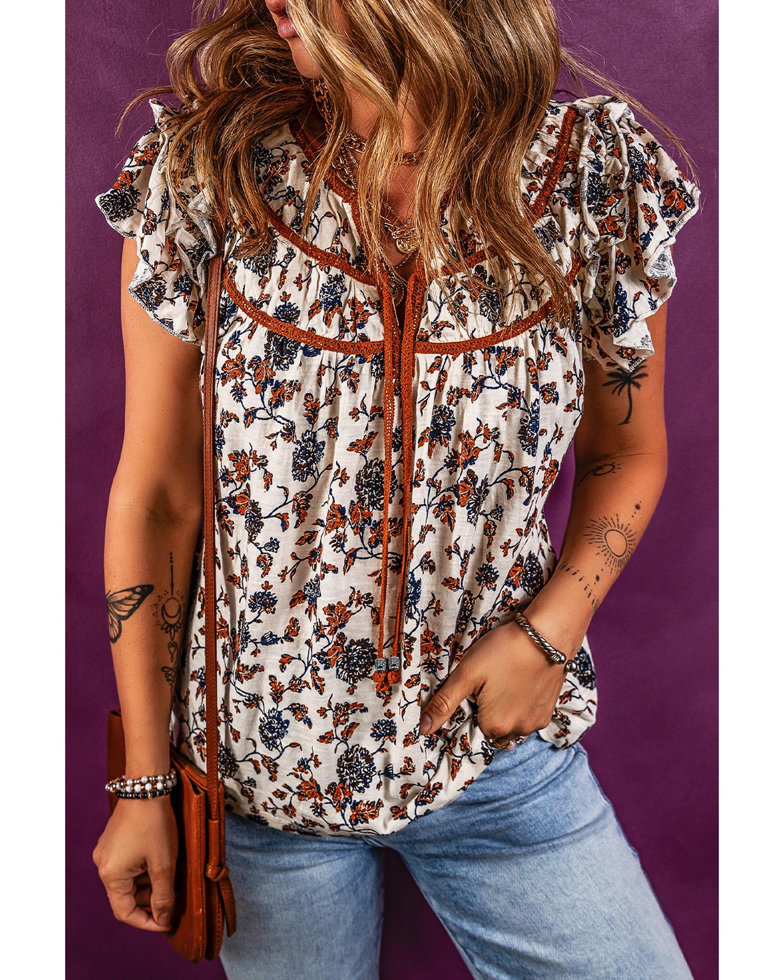 V539-AZEXDC25129774-P120-M-202508272050-00 White Floral Frilly Blouse with Lace Up - M - Image 1