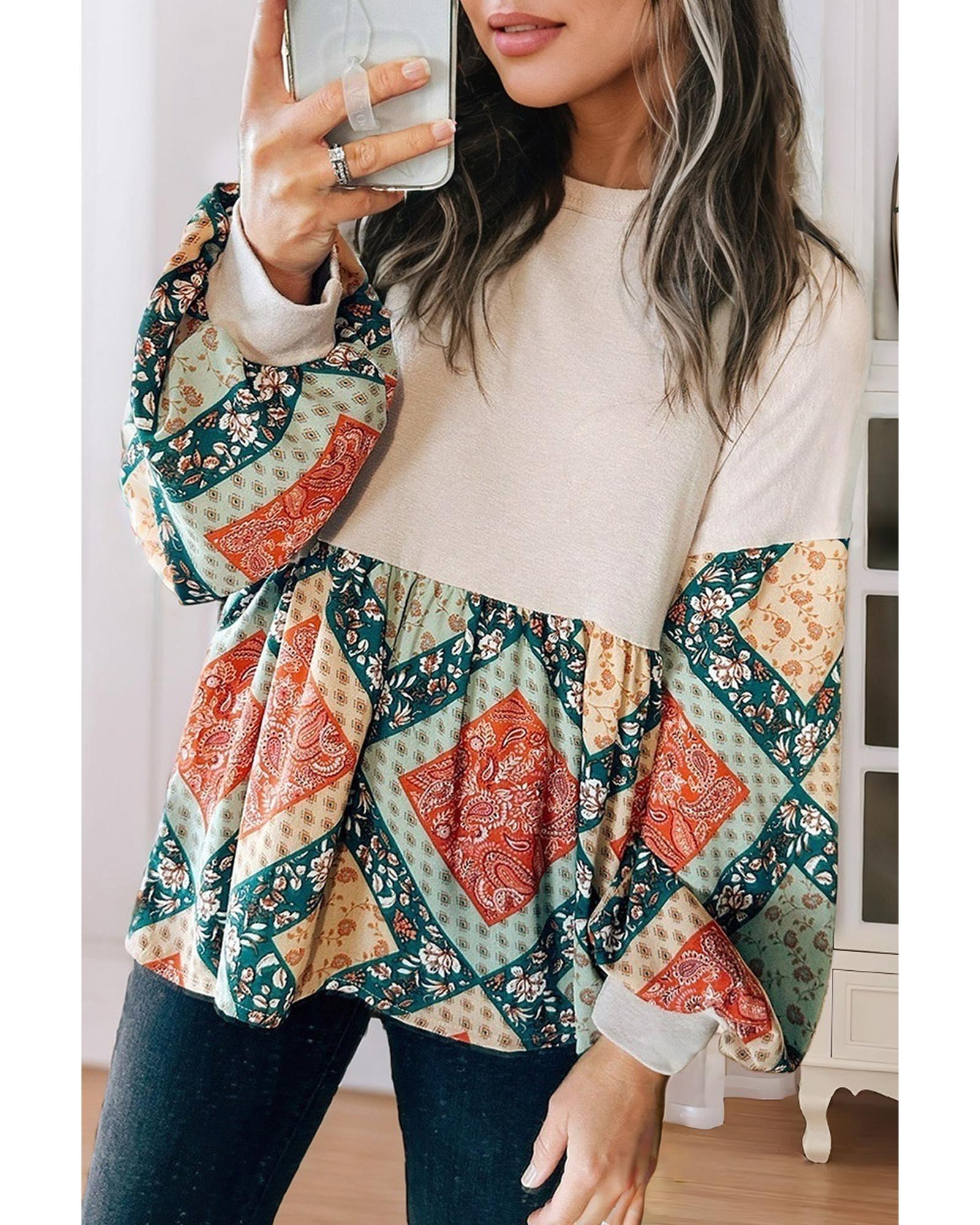 V539-AZEXDC25129837-P2015-M-202508272225-00 Jet Stream Paisley Geometric Patchwork Crew Neck Loose Fit Top - M - Image 1