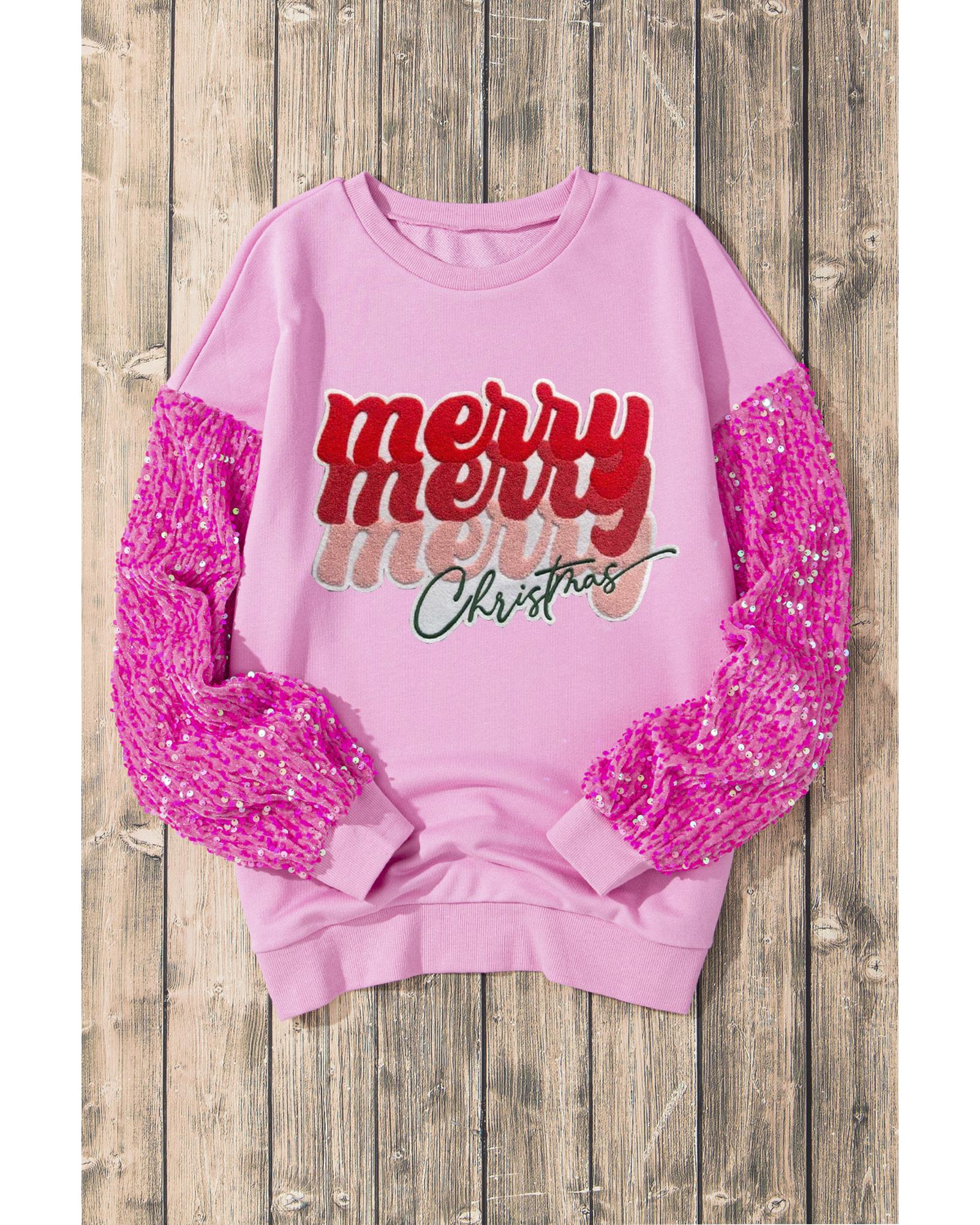 V539-AZEXDC25129856-P10-M-202508272145-00 Pink Merry Christmas Graphic Sequin Sleeve Patchwork Top - M - Image 1