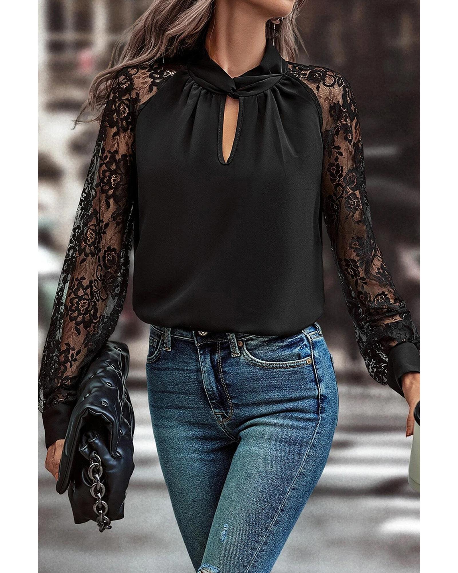 V539-AZEXDC25129886-P2-XL-202508271800-00 Black Keyhole Neckline Floral Lace Raglan Sleeve Blouse - XL - Image 1