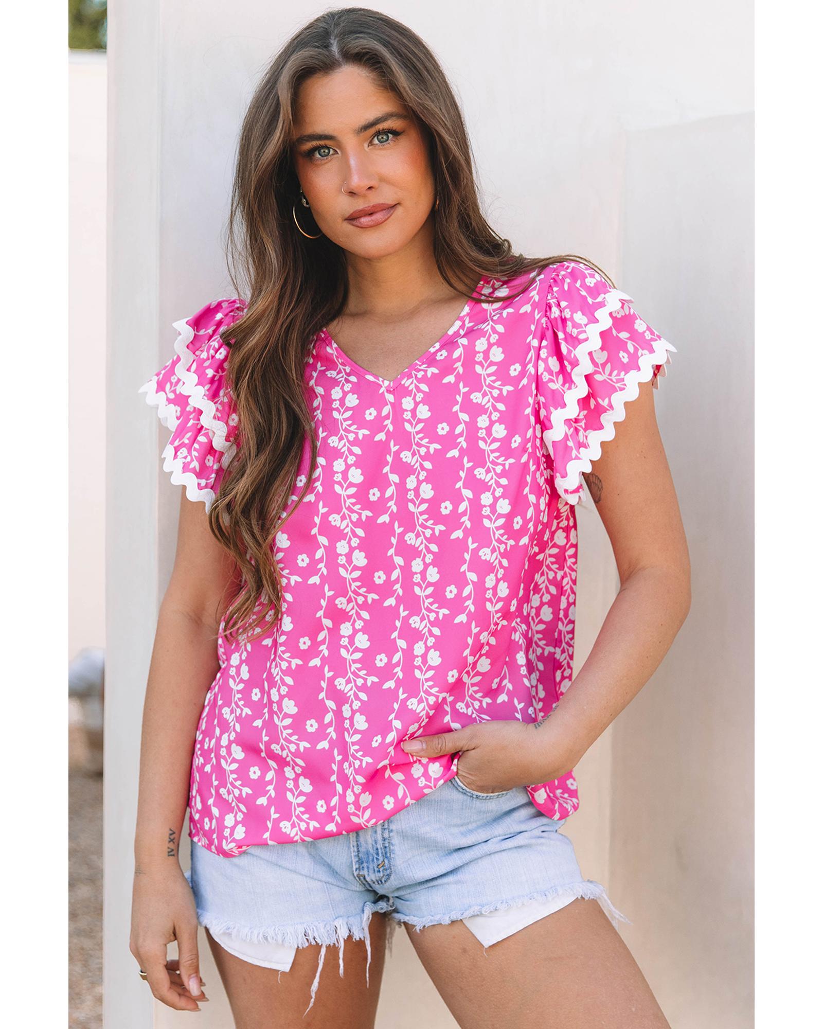 V539-AZEXDC25129942-P1020-XL-202508280005-00 Pink Floral Print Ric-rac Tiered Ruffled V Neck Blouse - XL - Image 1